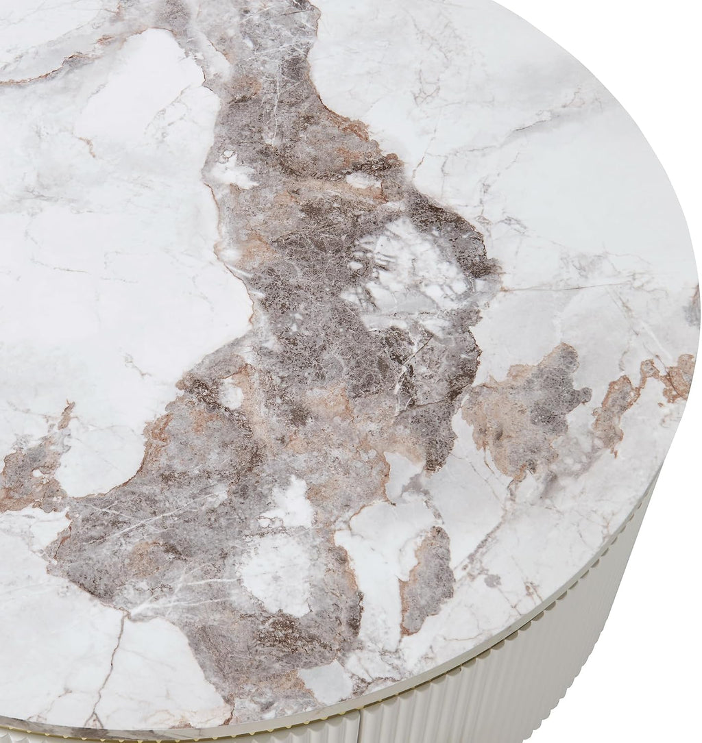 Merax 31.5'' Round Wood Coffee Table, with 2 Large Drawers Storage, Modern Marble Top, with Gold Metal Legs Center Tables for Living Room Apartment, Off White