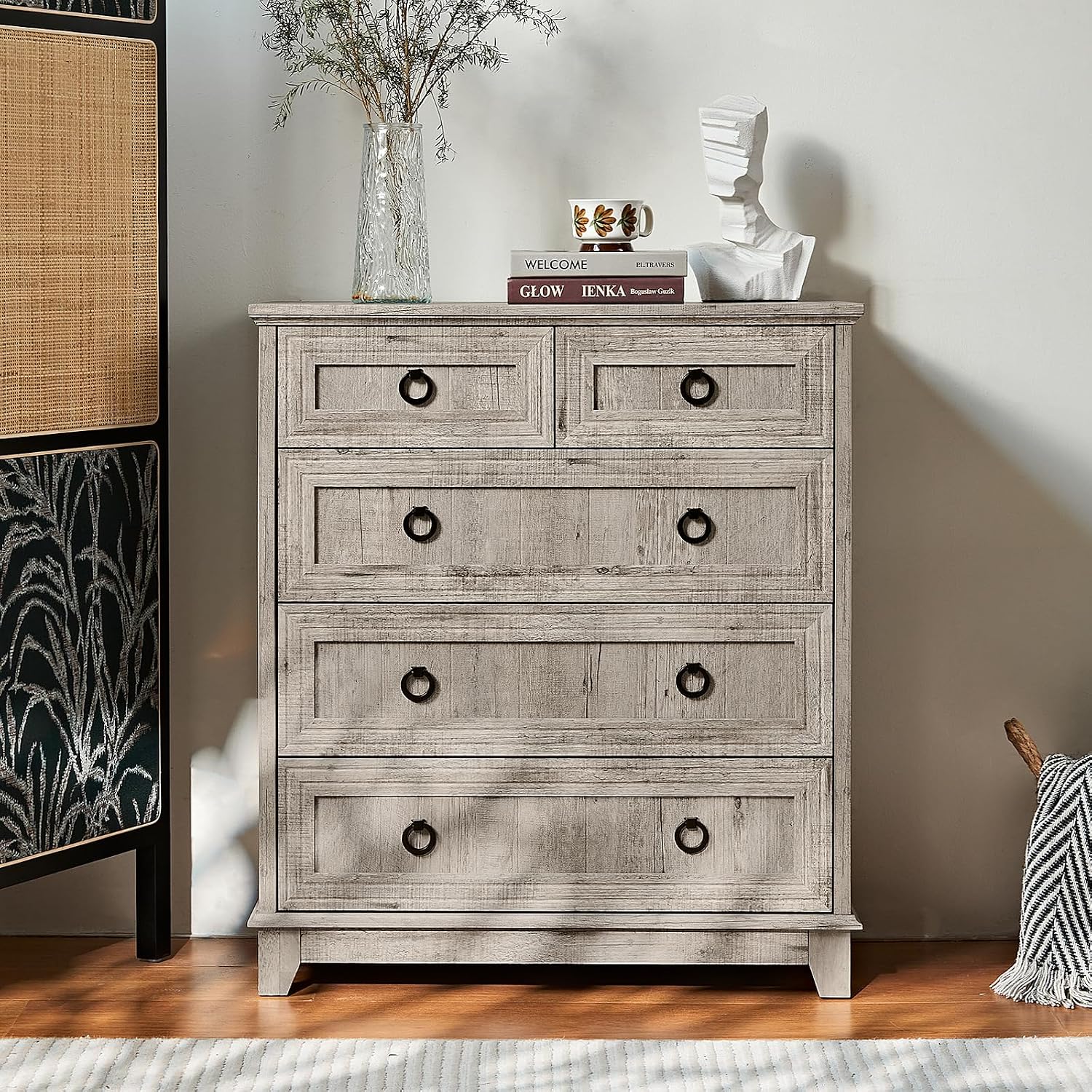 Joaxswe Farmhouse 5 Drawer Dresser for Bedroom, 33.2' Tall Small Dressers & Chest of Drawers, Rustic Wood Dresser with Metal Handle, Storage Organizer Closet for Living Room, Hallway,Entryway