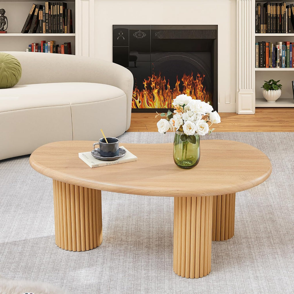 Fluted Coffee Table, 39'' Farmhouse Coffee Tables for Living Room, Low Wood Accent Center Table Small Tea Table with Sturdy Base & Rounded Corners for Small Space Home Office (Natural)