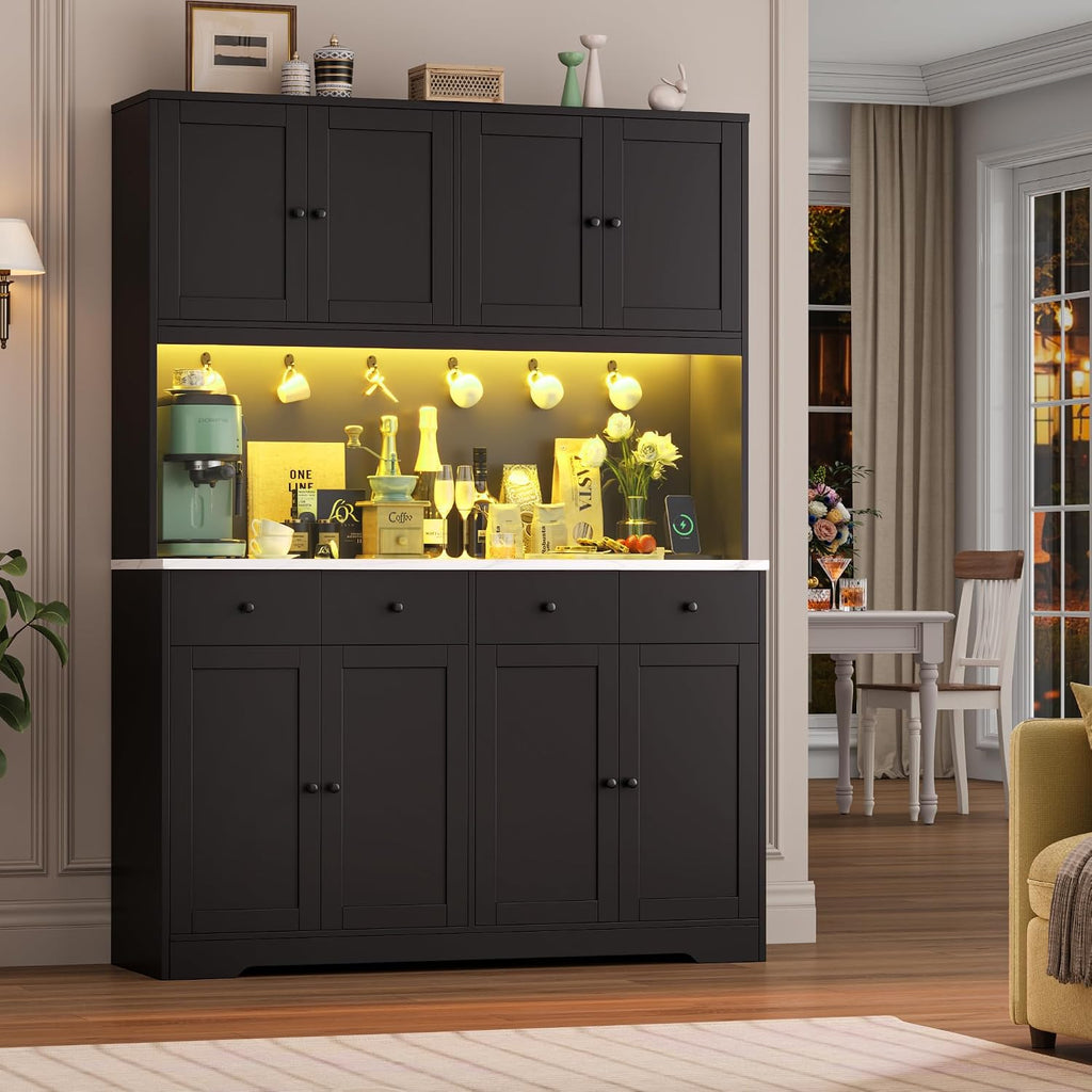 HIFIT 72' LED Kitchen Pantry Cabinet with Power Outlet & Cup Hook, Tall Kitchen Hutch Storage Cabinets w/Marble-Patterned Countertop Microwave Stand, Food Pantry w/Door for Dining Living Room, Black