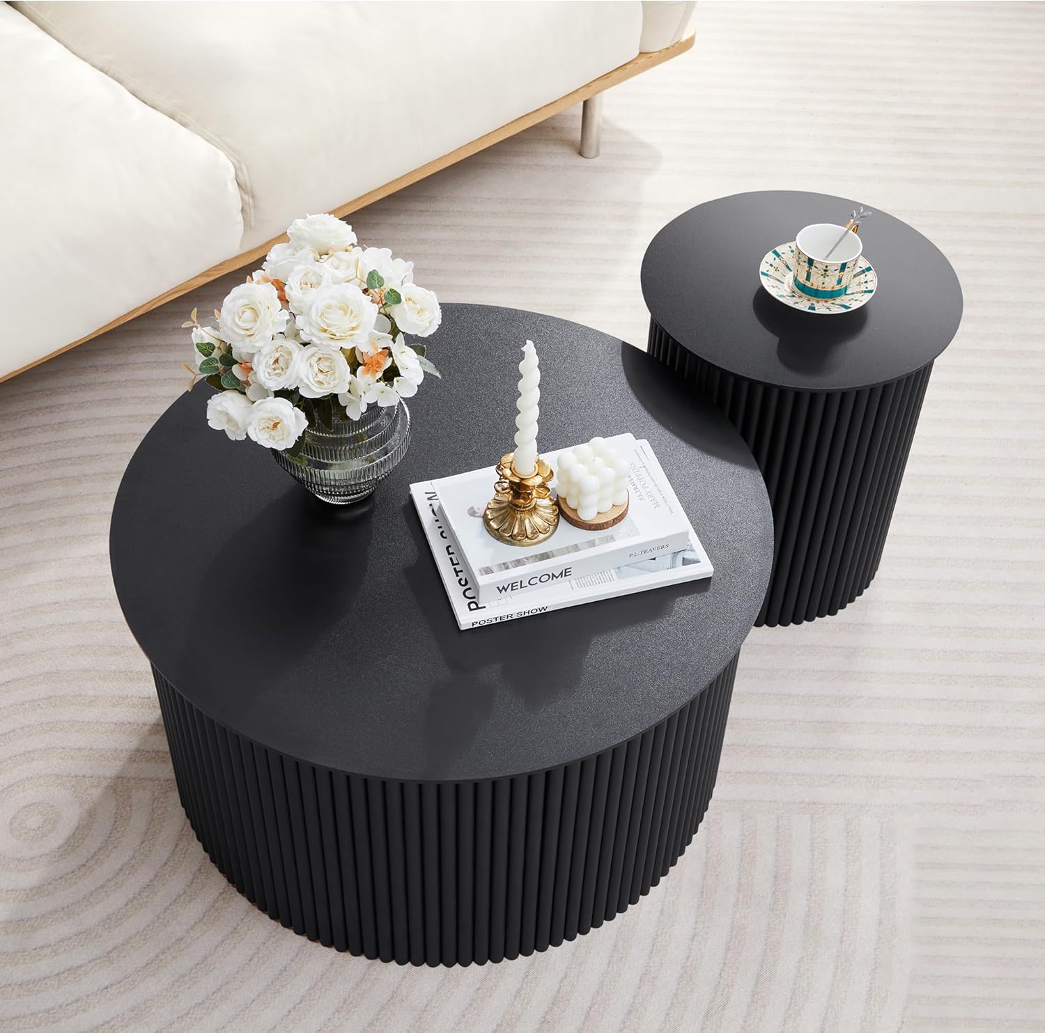 Fluted Round Nesting Coffee Table Set of 2, Mid Century Modern Wood Coffee Table and End Table Set, Minimalist Center Tables Circle Side Table for Living Room, Office(Black