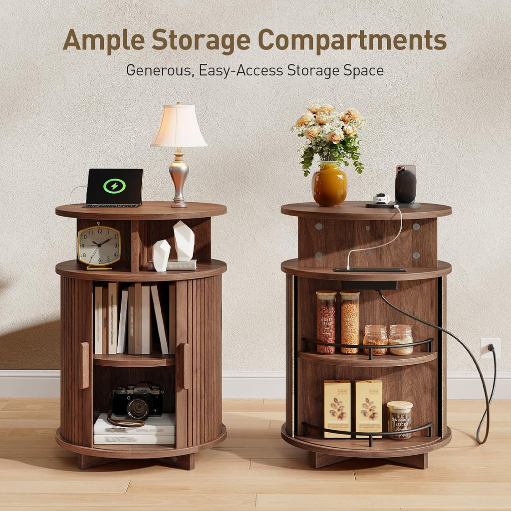 RALGEND Round Fluted End Tables Set of 2, Round End Table with Charging Station, Fluted Sofa Side Table with Sliding Tambour Door and Storage, Mid-Century Nightstand for Living Room, Bedroom, Walnut