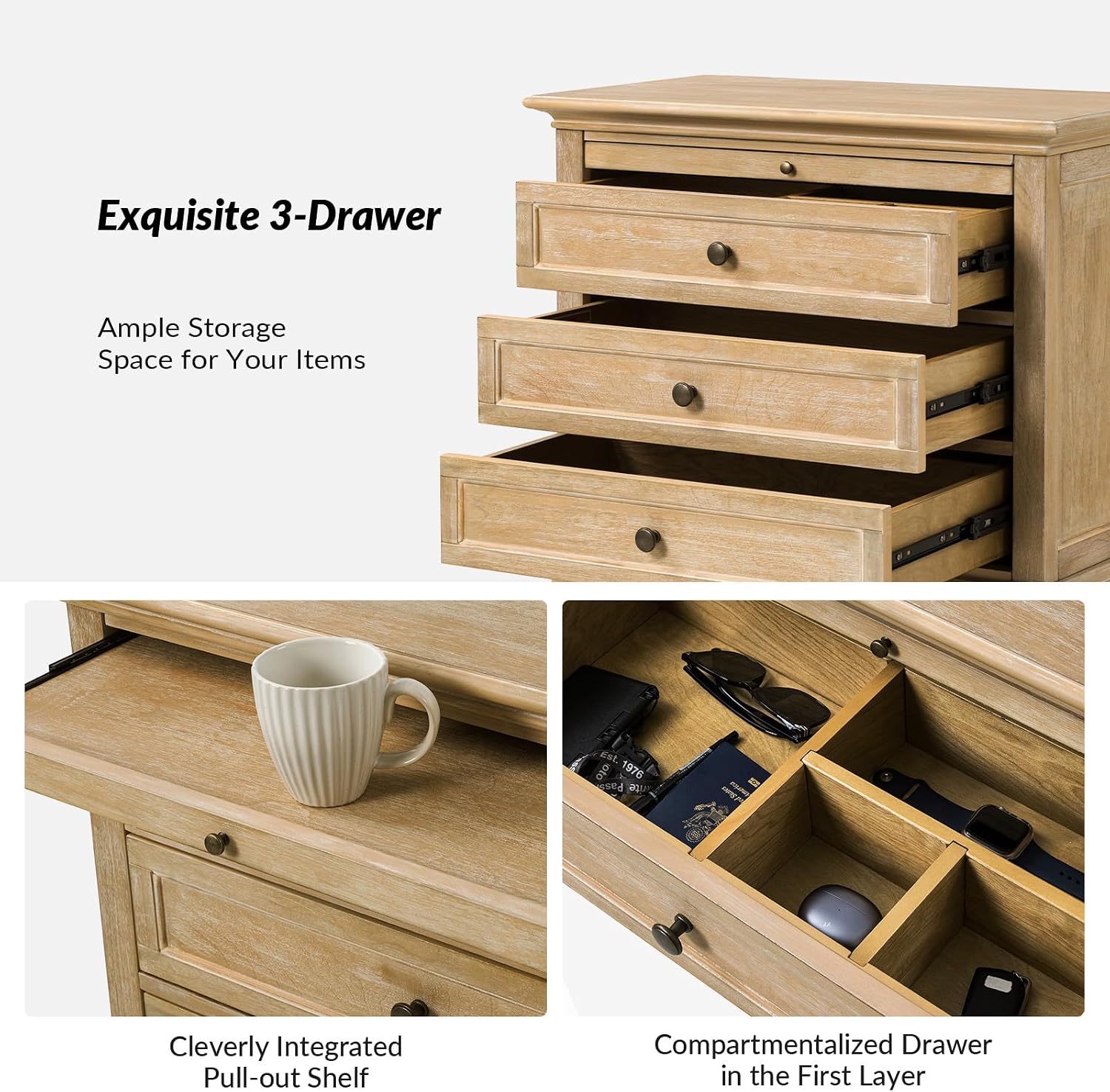 HULALA HOME Farmhouse 3 Drawer End Table with Tray, Drawer Organizer with Solid Wood Legs, End Table with Charging Station（Natural）