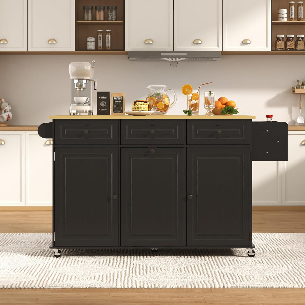 St.Mandyu 63 inch Rolling Kitchen Island with Power Outlet, Drop Leaf & Storage Cabinet - Mobile Cart with Hidden Trash Cabinet, Spice Rack, Shelves, and Towel Holder for Small Spaces,Black