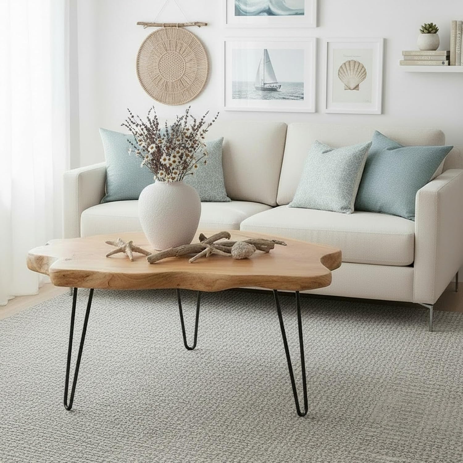 WELLAND Live Edge Cedar Wood Coffee Table with Metal Hairpin Legs 32.5' W x 17' D x 16' H for Living Room, Patio, Bedroom, Home Office