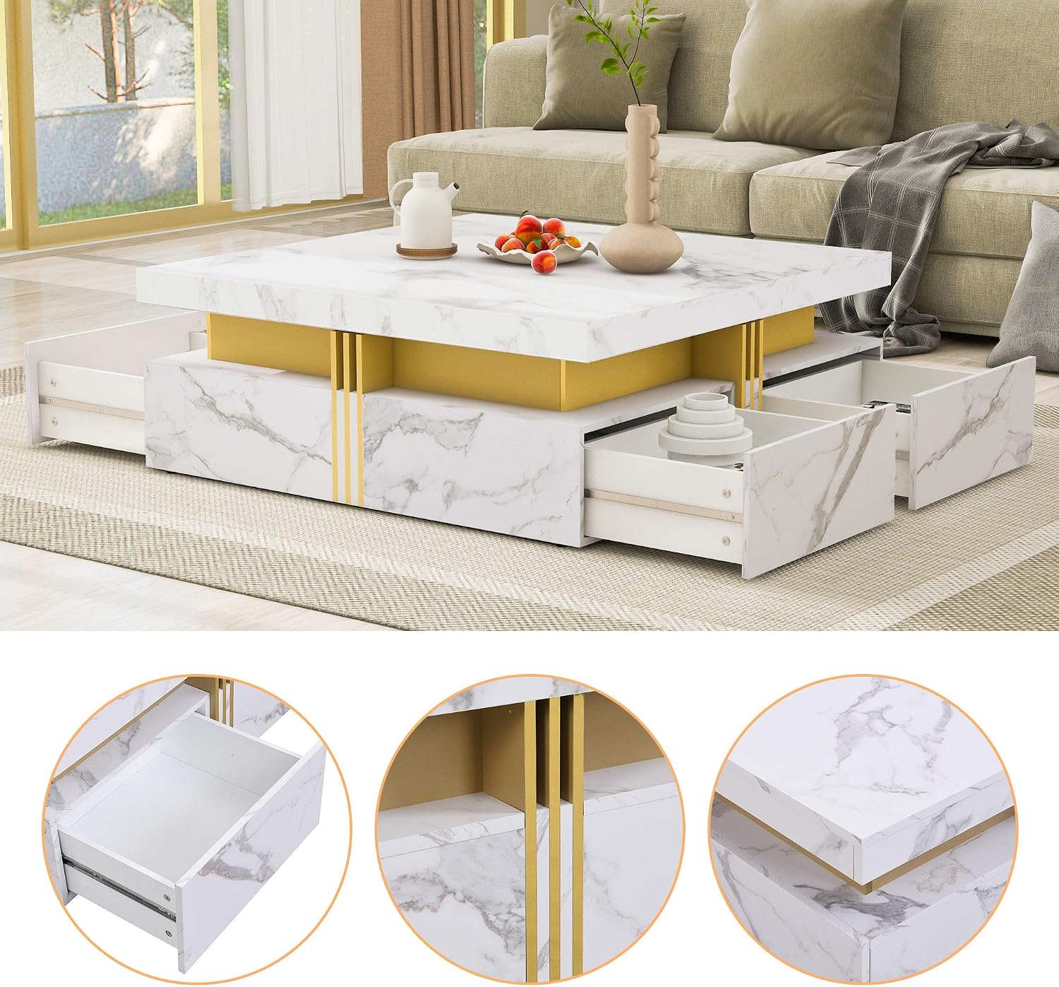 Merax 43.3' Modern Square Storage Coffee Table with 4 Drawers, with Marbling Gold Accents, Functional Center Tables for Living Room Apartment, White