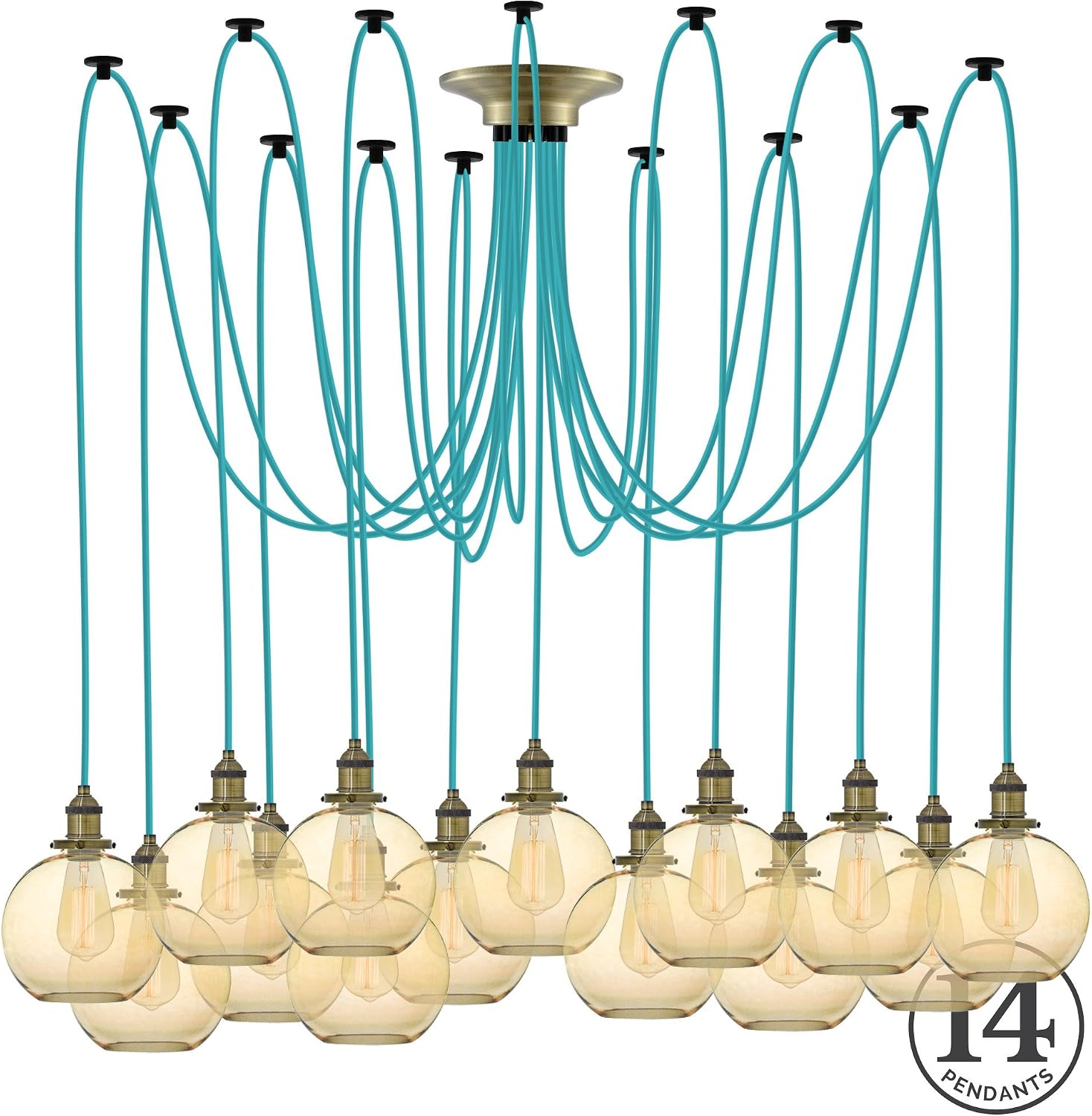 Turquoise 14 Pendant Light Chandelier with Amber Glass Globe Shades