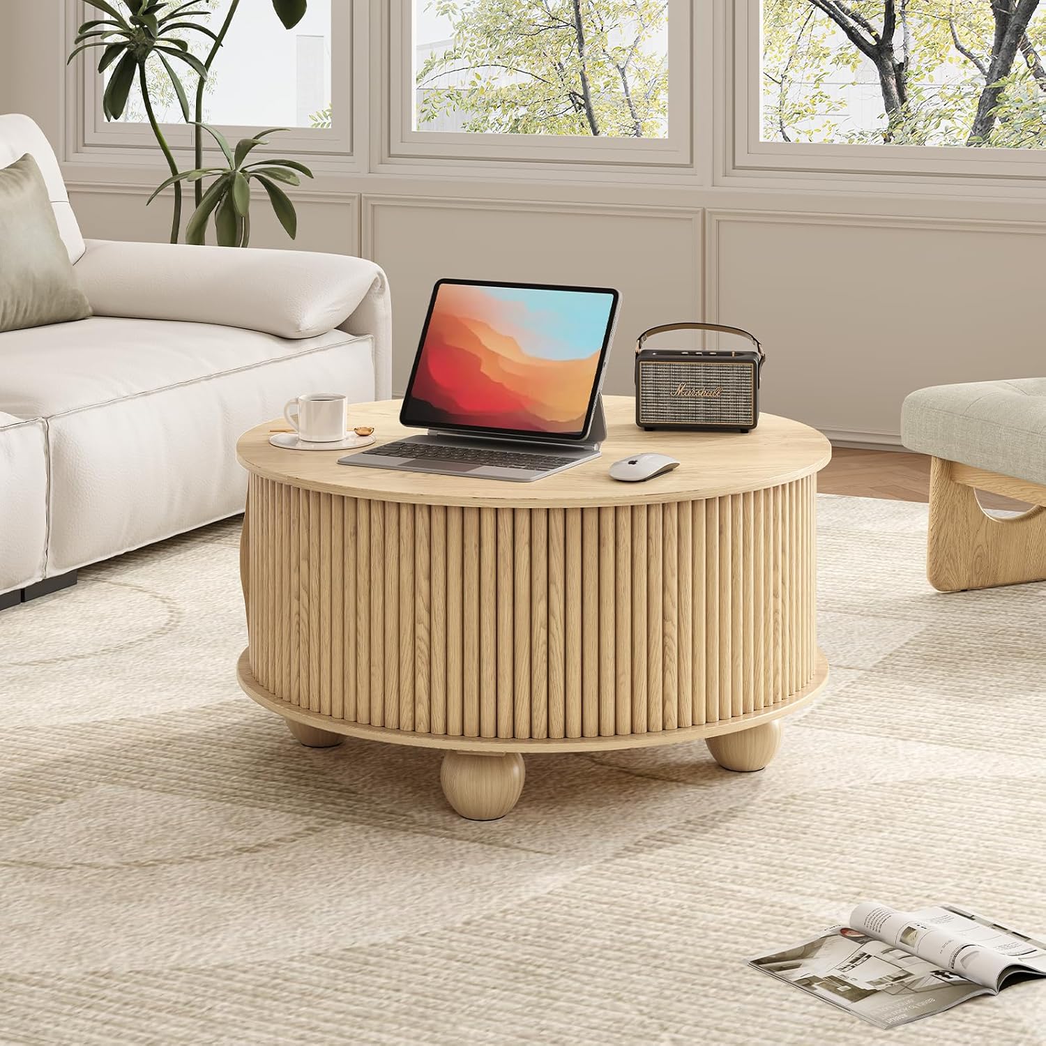Round Coffee Table with Storage, 31.5' Mid Century Modern Coffee Table with Sliding Door & Bun Feet, Minimalist Fluted Center Table for Living Room, Home Small Space, Oak