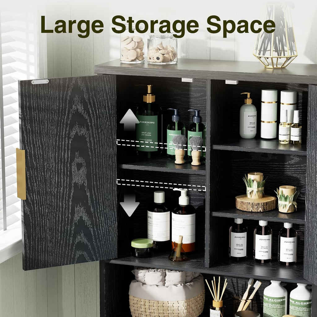 Over The Toilet Storage Cabinet with Fluted Doors and Adjustable Shelf, Tall Bathroom Organizer with Metal Stand Space Saver Over Toilet , Wood Rack for Bathroom, Restroom, Laundry, Natural Black
