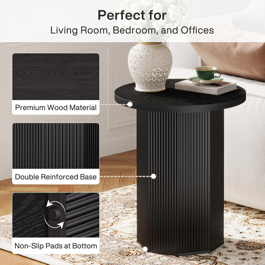 Tribesigns 2pcs Round Pedestal End Table, Farmhouse Side Table with Fluted Base, Wooden Accent Tables for Small Space, Couch, Living Room (2, Black)