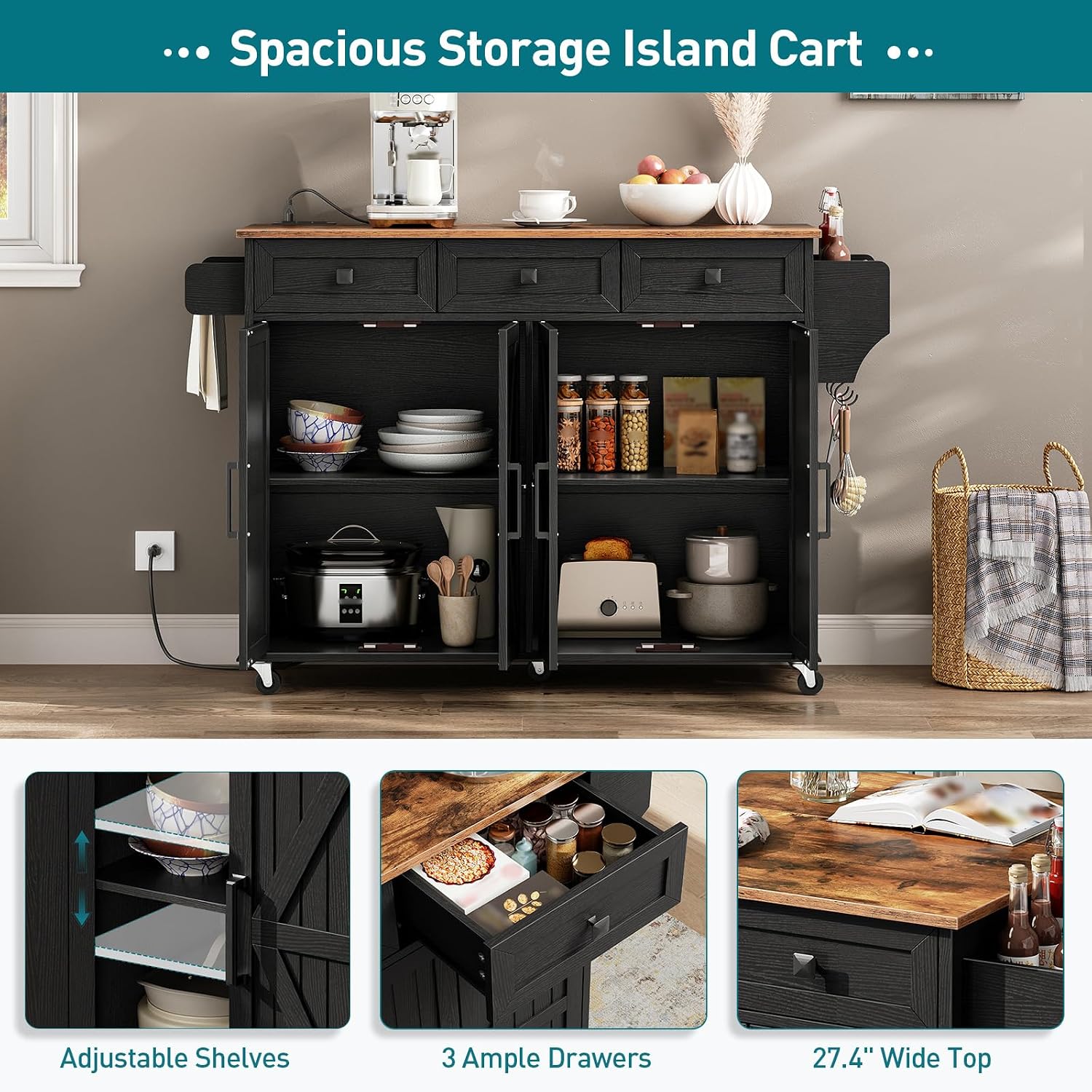 RALGEND Kitchen Island with Drop Leaf & Power Outlet, Rolling Kitchen Island Cart On Wheels, Barn Door Kitchen Island Table with Storage, Island Table for Kitchen, Black and Rustic Brown