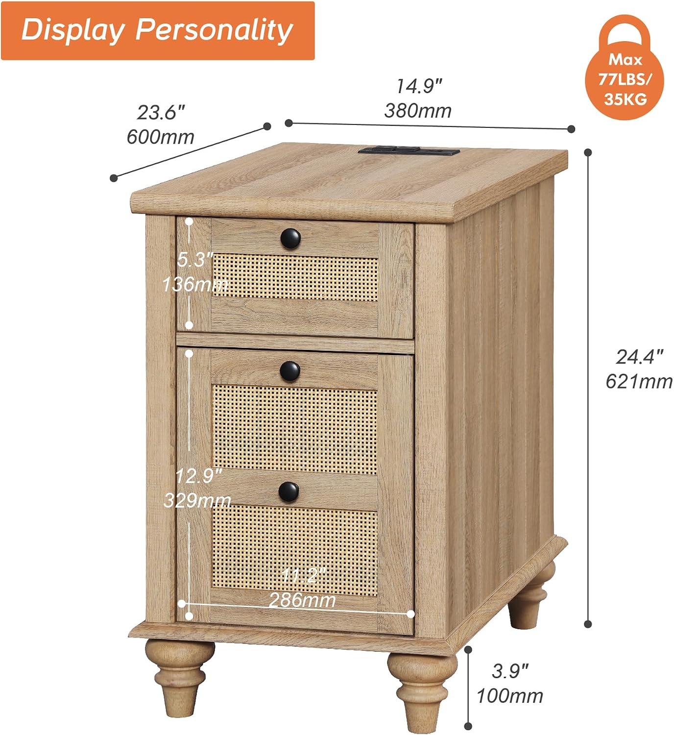 WAMPAT Farmhouse End Table with Charging Station, Wood Side Table with Power Outlets & USB Ports, Rattan Nightstand with Drawer for Living Room, Bedroom, Oak