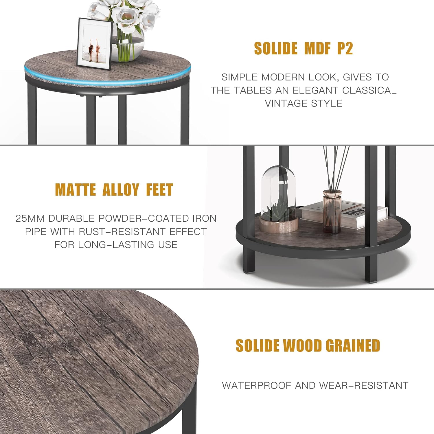 NSdirect Round Side Table Set of 2,16in Rustic Wooden End Table Surface Top & Sturdy Metal Legs Nightstand for Living Room Bedroom Farmhouse Sofa Table with Storage Open Shelf,Light Walnut