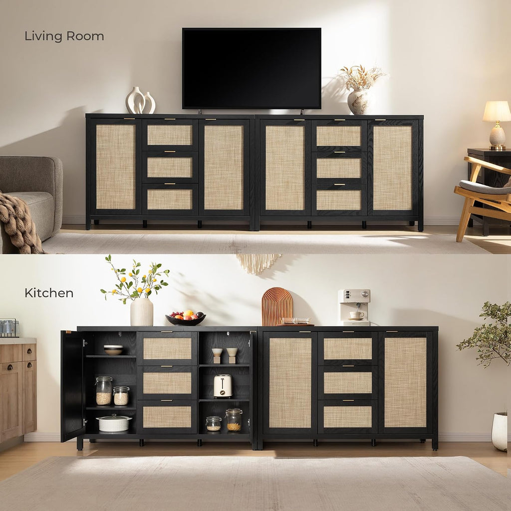 SICOTAS Rattan Sideboard Buffet Coffee Bar Cabinet with Storage - 52' Larger Farmhouse Credenza Storage Cabinet with 3 Drawers and 2 Doors, Boho Console Table for Living Room, Kitchen, Black Oak