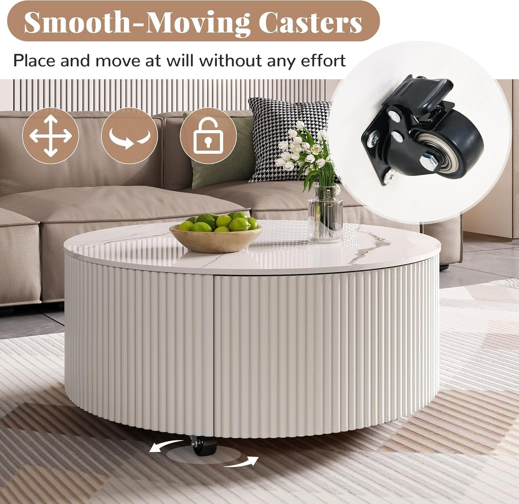 Merax 29.5' Round Fluted Coffee Table for Living Room, Movable Accent Table with Casters and 2 Storage Drawers, Marble Pattern Sintered Stone Top, White