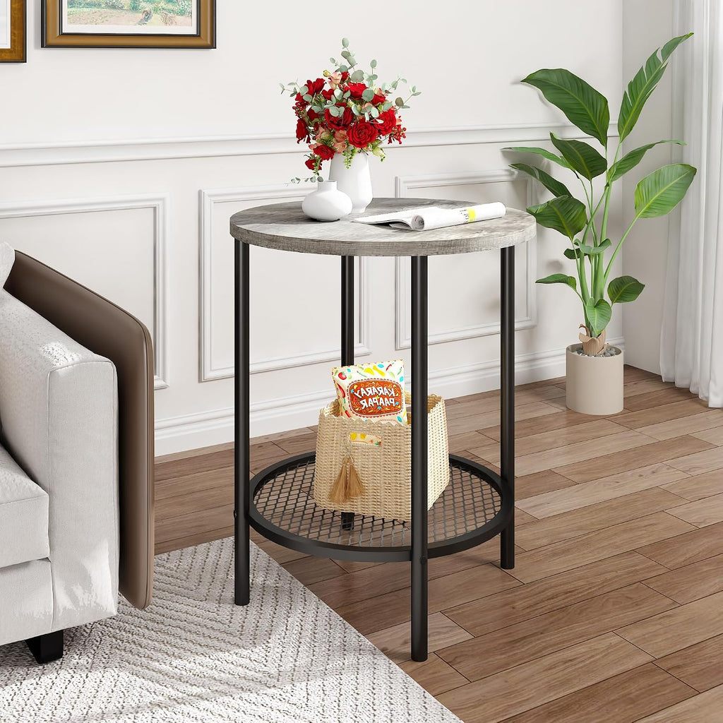 Recaceik Round Coffee Table and End Table Set of 3 with Storage, Modern Vintage Grey Coffee Table and Side Table for Living Room, Office, Apartment, Small Space