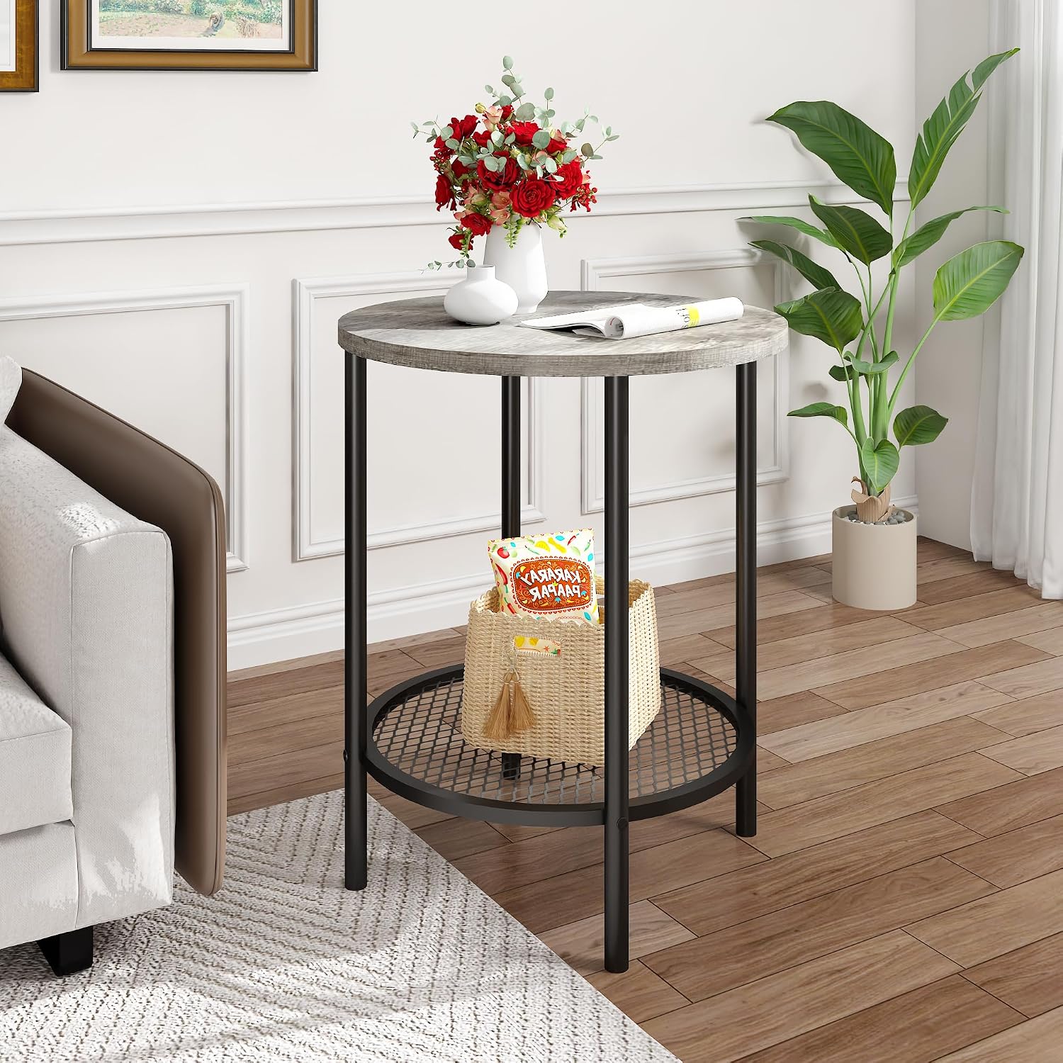 Recaceik Round Coffee Table and End Table Set of 3 with Storage, Modern Vintage Grey Coffee Table and Side Table for Living Room, Office, Apartment, Small Space