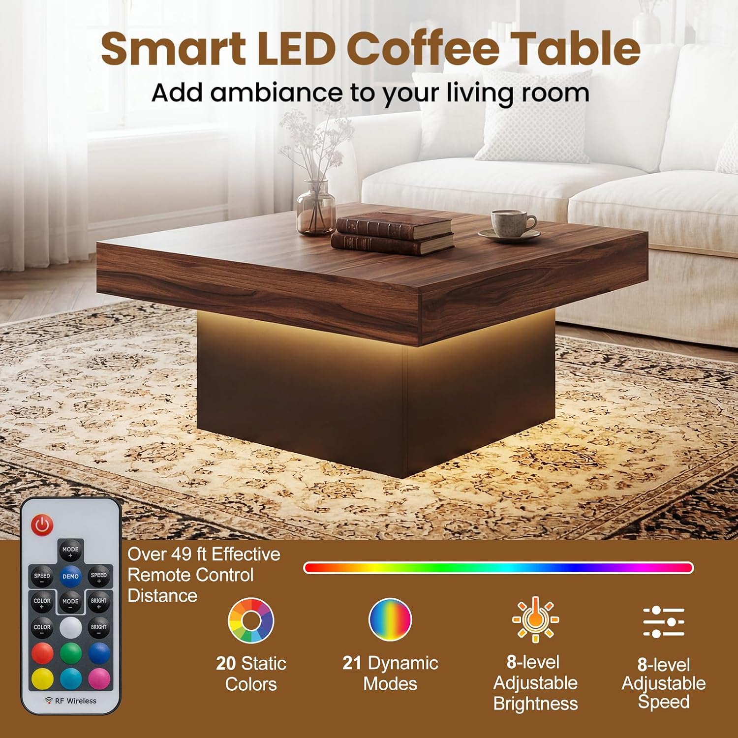 GOFLAME LED Coffee Table for Living Room, 35.5' Square Center Table with Storage, Adjustable Light Colors, Speed & Brightness, Remote Control, Farmhouse, Wooden Accent Tea Tables (Rustic Brown)