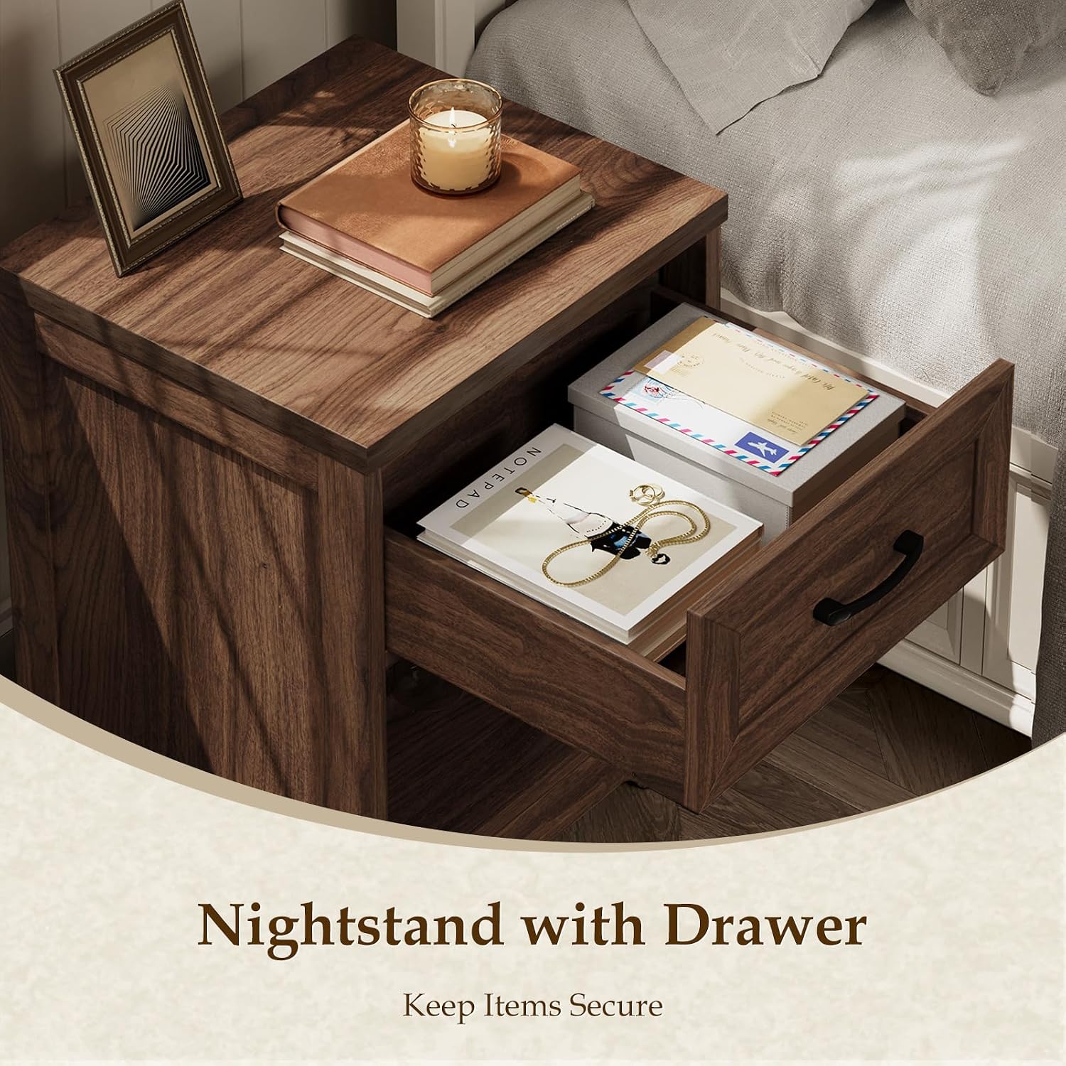 AODK Farmhouse Nightstand Set of 2, Rustic End Tables with Drawer & Open Storage, Wood Bedside Tables for Bedroom & Small Space, Dark Walnut