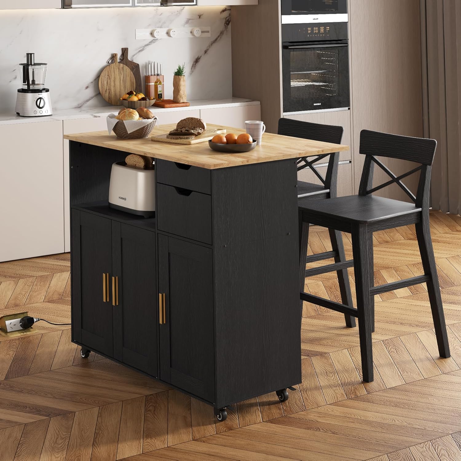 Kitchen Island Cart with Power Outlet, Rolling Kitchen Cart on Wheels with Storage Cabinet, Drawers, Spice Rack & Towel Bar, Portable Kitchen Island Table with Wood Top for Small Space, Black