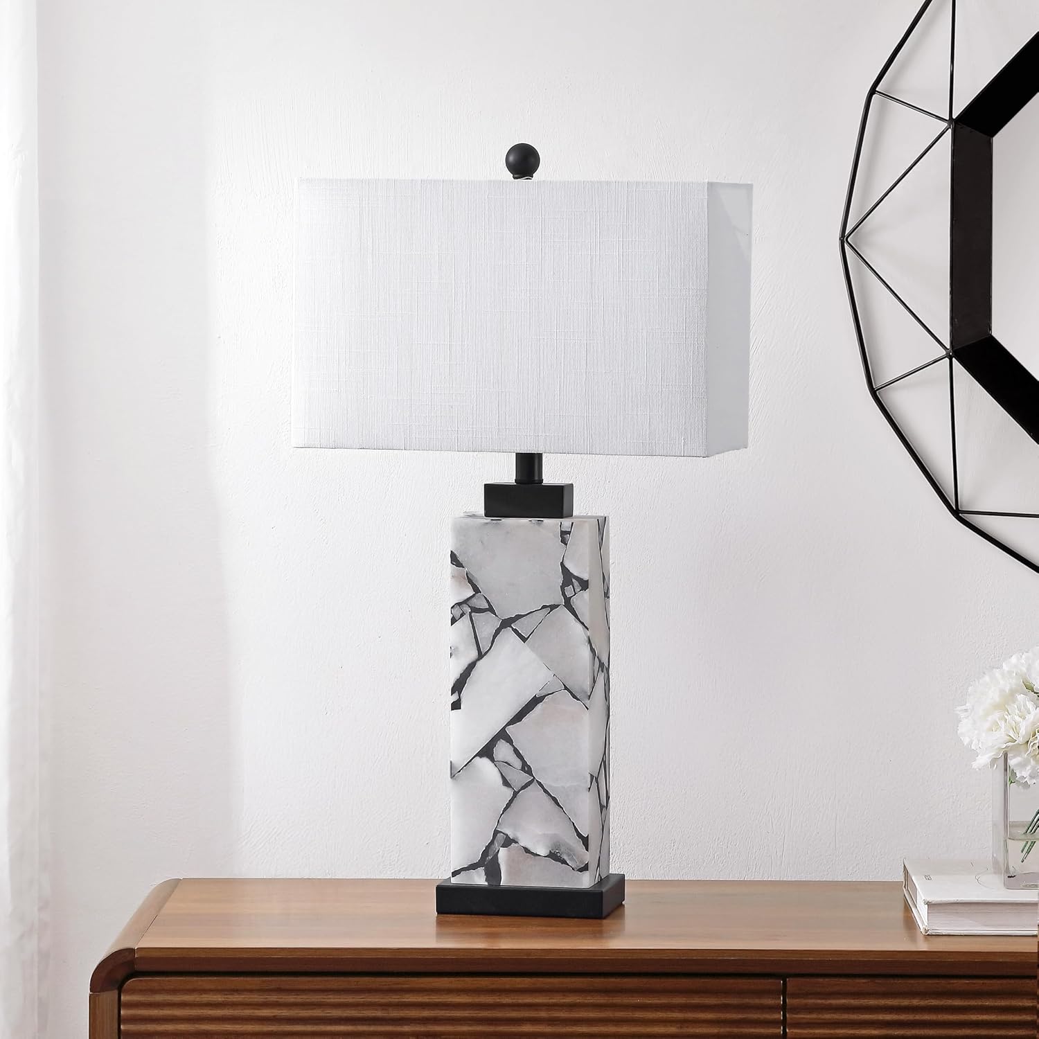 JONATHAN Y 27.5' Black White Alabaster Rectangular Table Lamp with Night Light Contemporary Coastal Bedside Lamp for Bedroom with White Linen Shade LED Bulbs Included JYL6201B