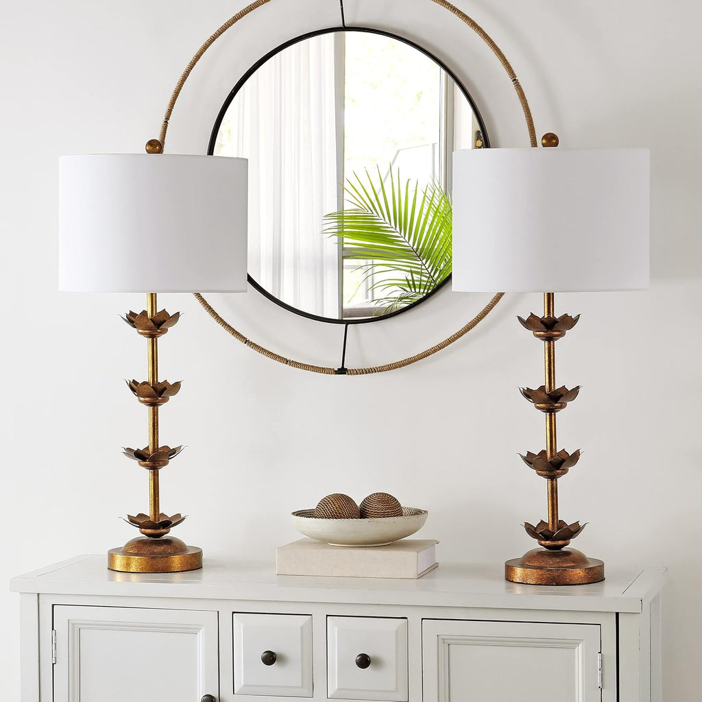SAFAVIEH Lighting Collection – Set of 2 Lani Antique Gold Leaf 32-Inch Table Lamps, White Drum Shade, LED Bulbs Included, Bedroom Living Room Home Office (TBL4016A-SET2)