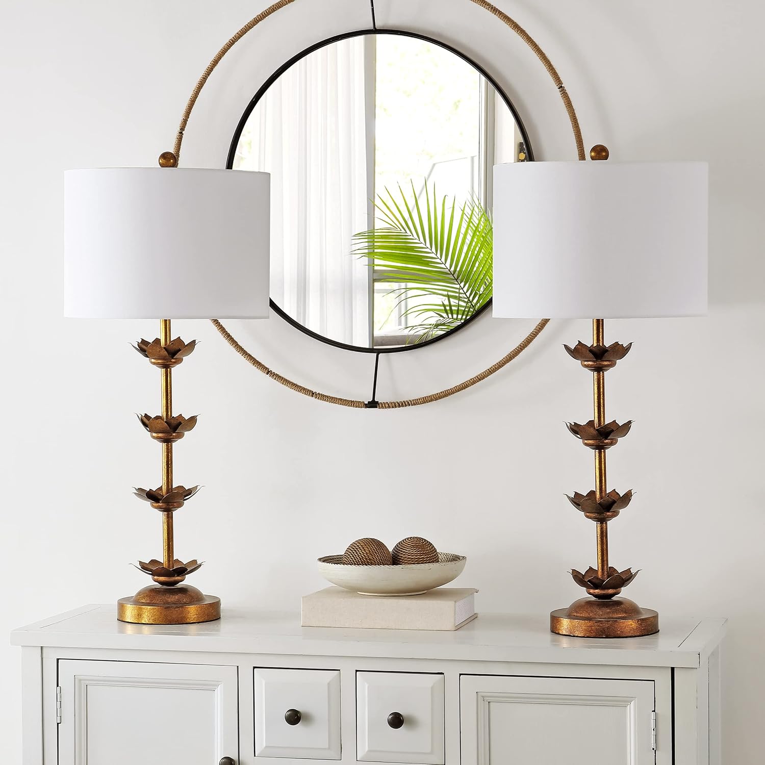 SAFAVIEH Lighting Collection – Set of 2 Lani Antique Gold Leaf 32-Inch Table Lamps, White Drum Shade, LED Bulbs Included, Bedroom Living Room Home Office (TBL4016A-SET2)