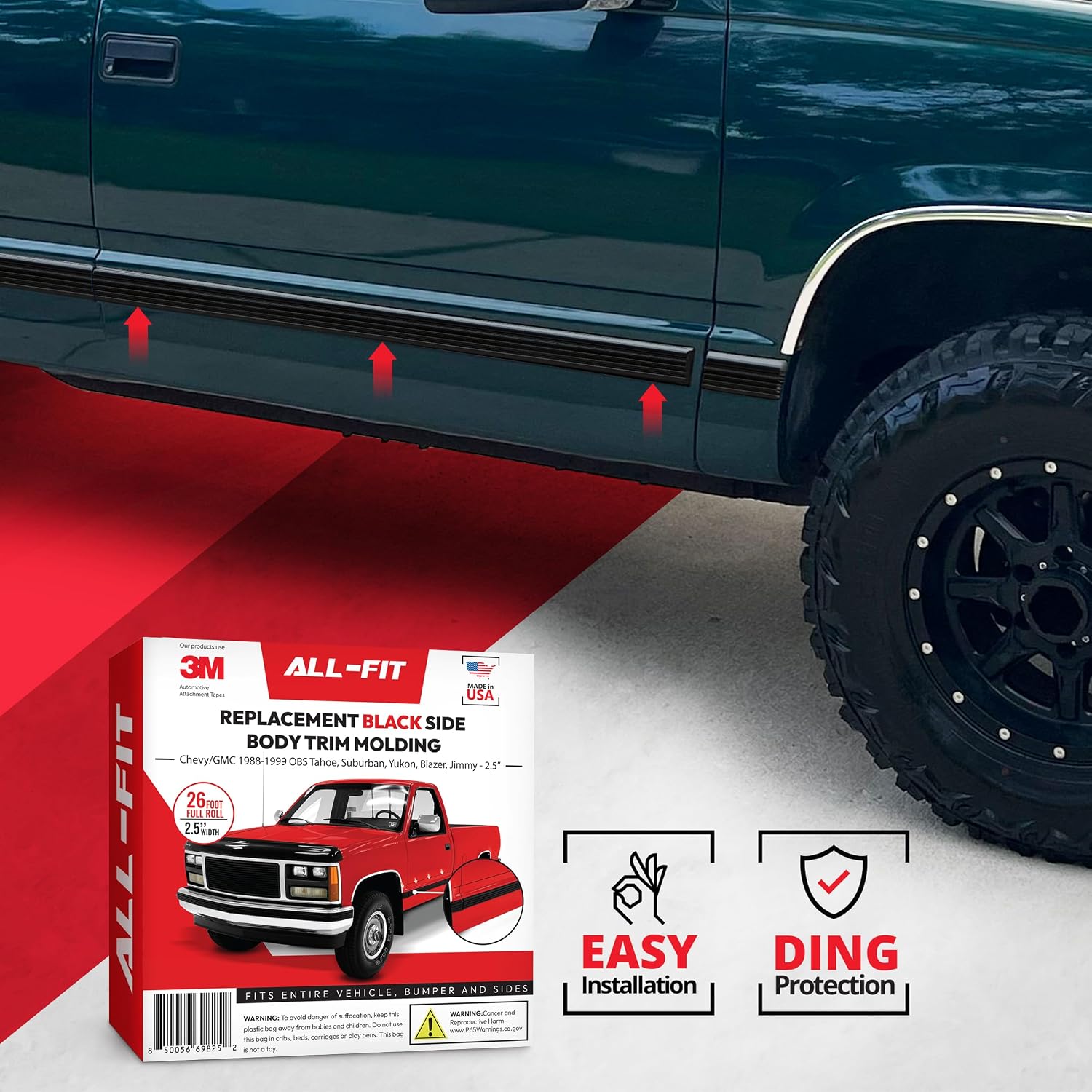 All-Fit Automotive Replacement Old Style Body Side Molding (2.5') – OEM Grade Black Trim fits 1988-1999 Chevy Tahoe, GMC Suburban, Yukon, Blazer, Jimmy OBS – Easy Install w/ 3M Automotive Tape (26 Ft)