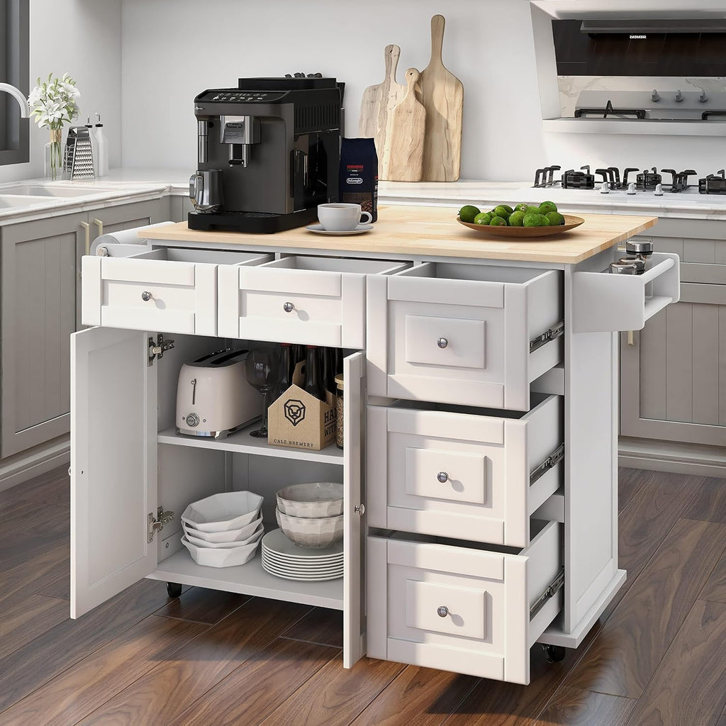 HOMREST 52' Mobil Kitchen Island Cart with Storage, Rolling Island with Drop Leaf and Rubberwood Countertop, Spice Rack, Adjustable Shelves and 5 Drawers, Island Table for Kitchen, White