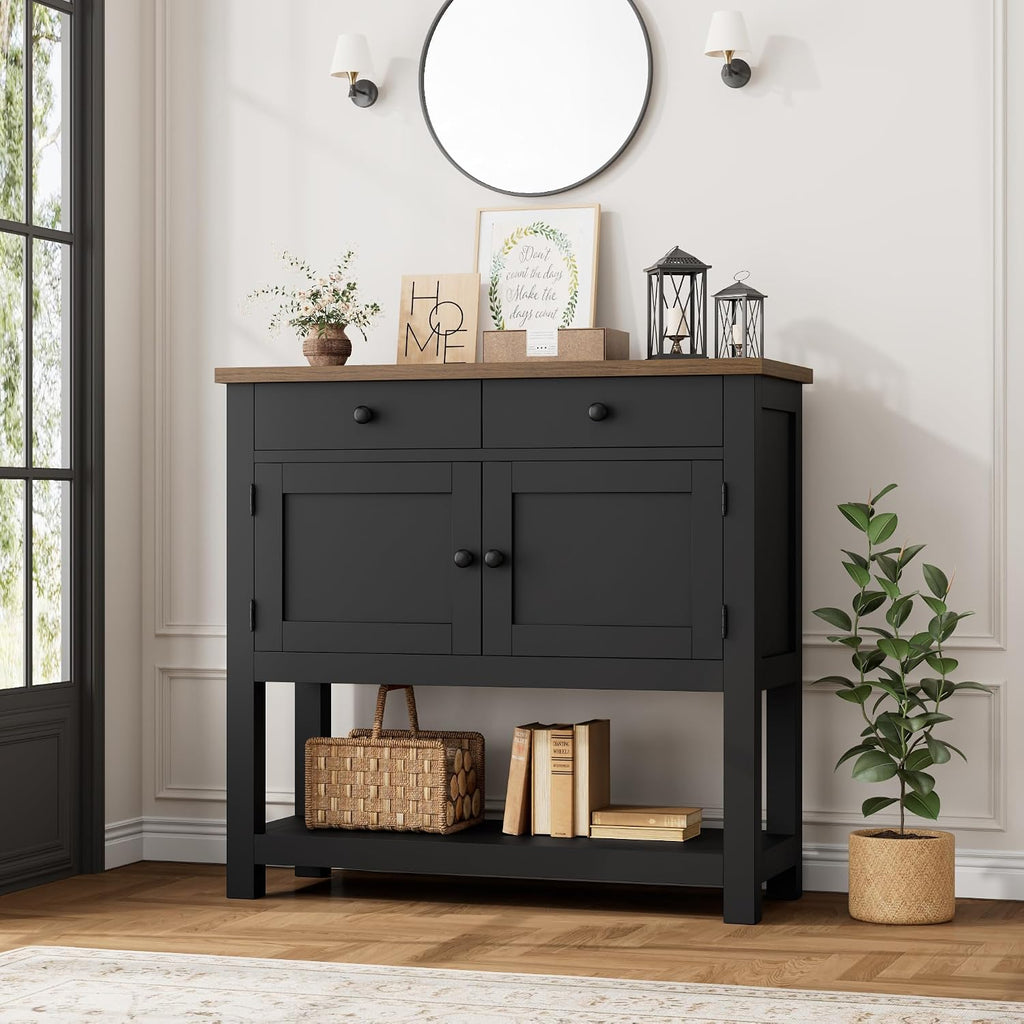 HOSTACK Farmhouse Console Table with 2-Door Cabinet & 2 Drawers, Coffee Bar, Entryway Table with Storage Shelf, Sofa Tables Buffet Sideboard for Kitchen, Hallway, Dining, Living Room, Black