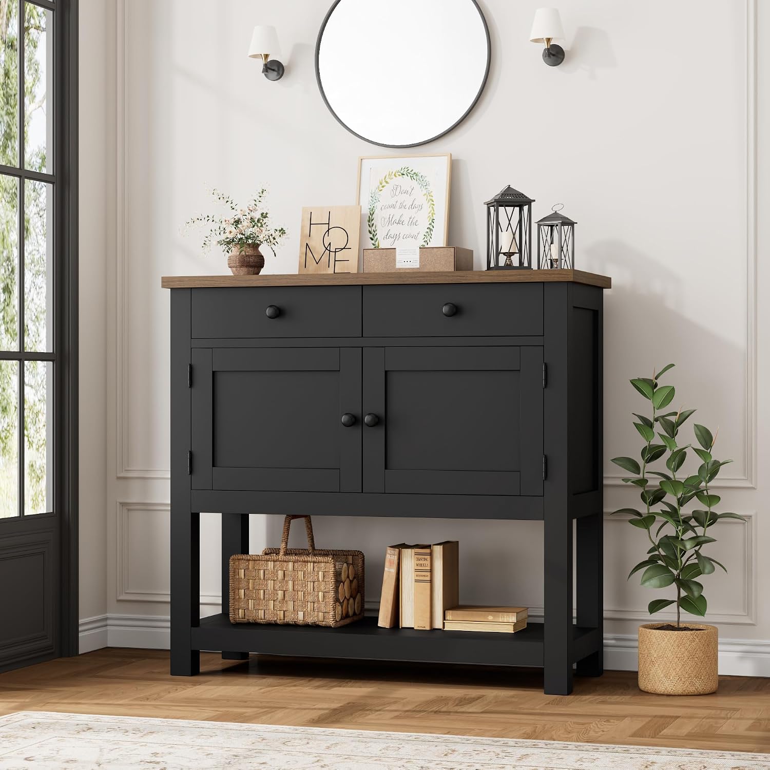 HOSTACK Farmhouse Console Table with 2-Door Cabinet & 2 Drawers, Coffee Bar, Entryway Table with Storage Shelf, Sofa Tables Buffet Sideboard for Kitchen, Hallway, Dining, Living Room, Black