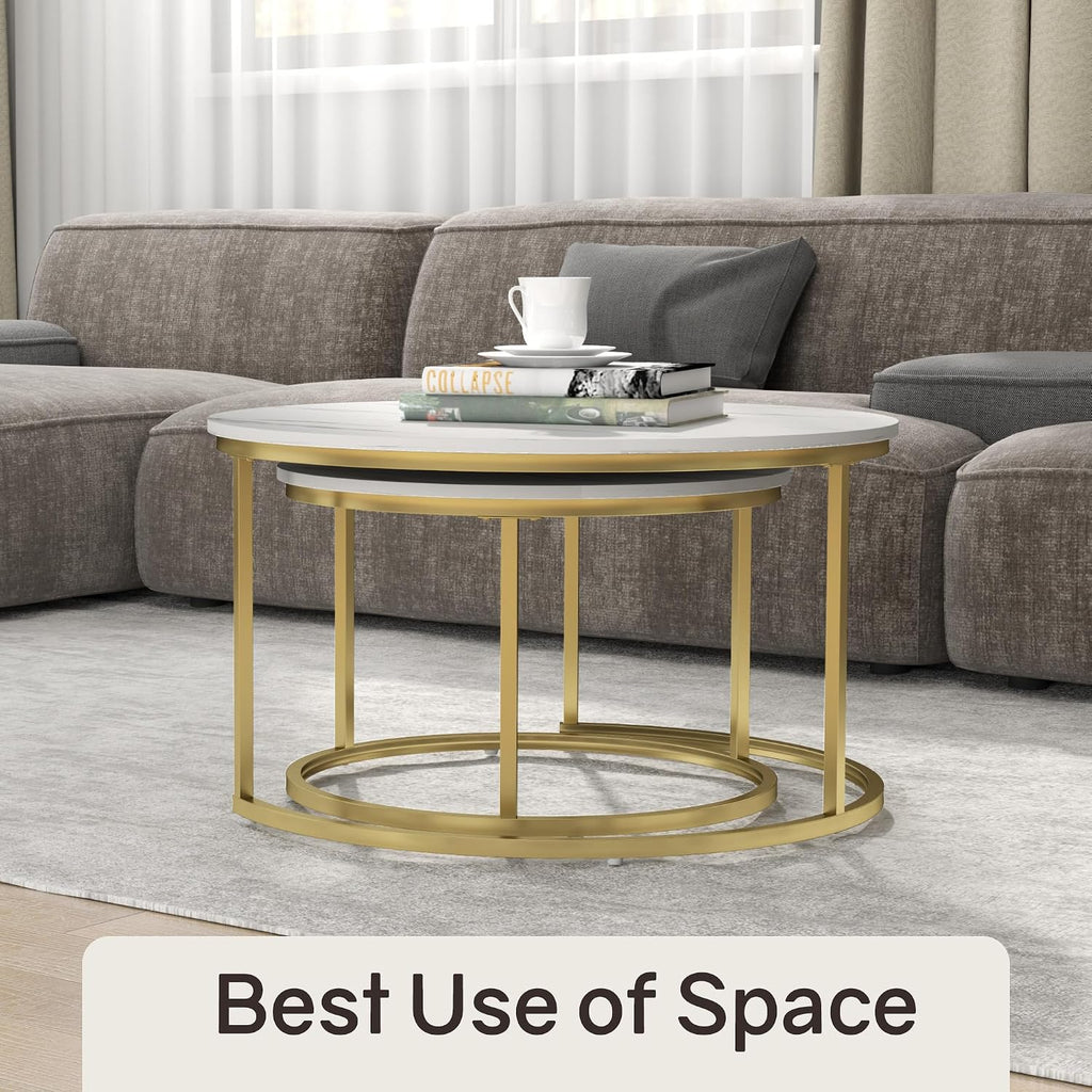 Otterease Nesting Tables Set of 2, 31.5' Round Coffee Table, Small Nesting Coffee Table with Adjustable Non-Slip Fee, White Marble Top Stack Nesting Tables Set of 2 for Living Room, Bedroom (White)