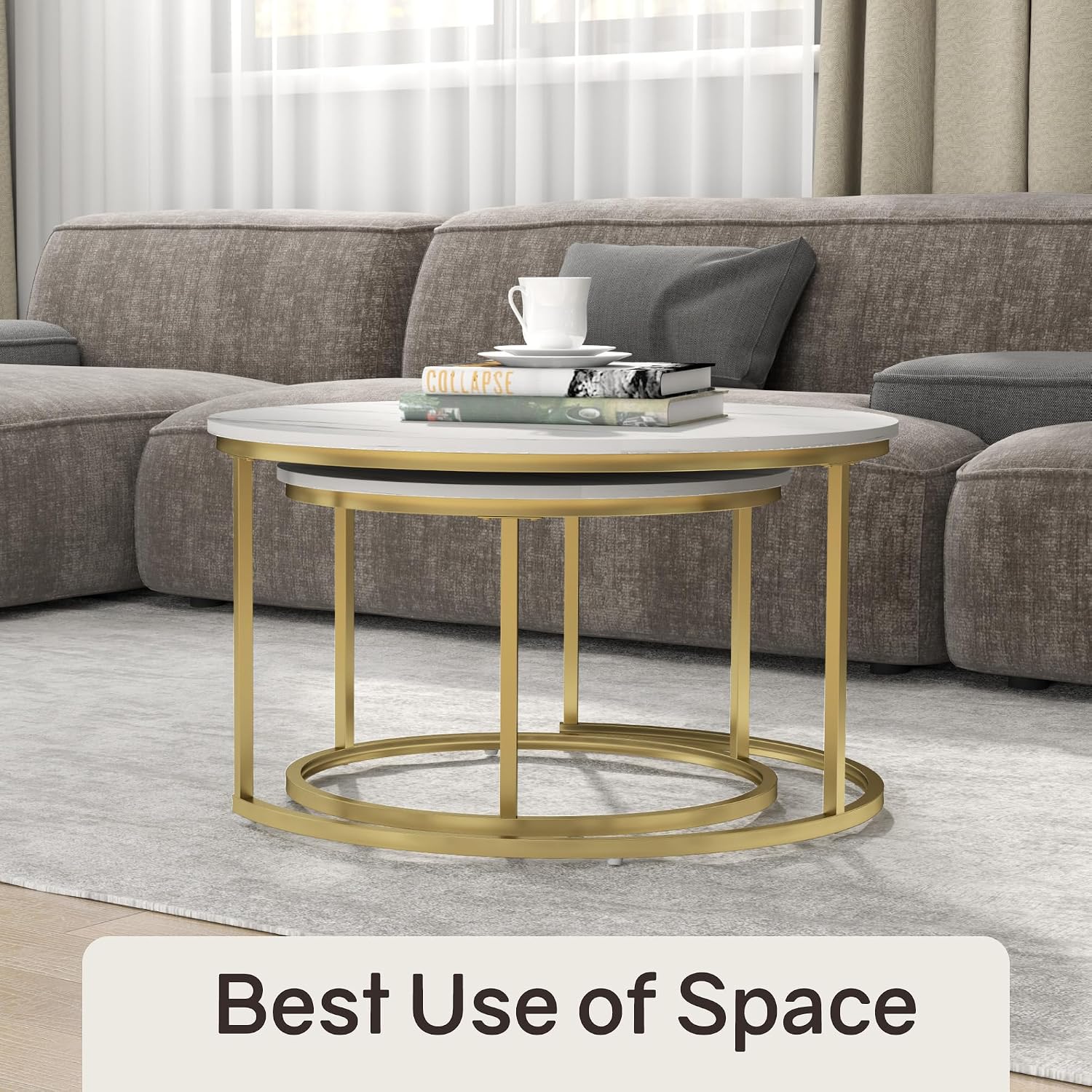 Otterease Nesting Tables Set of 2, 31.5' Round Coffee Table, Small Nesting Coffee Table with Adjustable Non-Slip Fee, White Marble Top Stack Nesting Tables Set of 2 for Living Room, Bedroom (White)