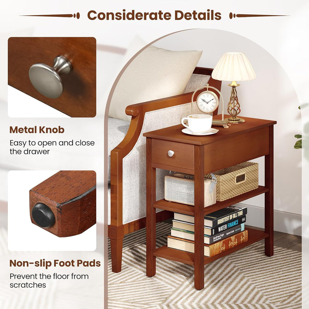 Giantex Narrow End Table Set of 2, Farmhouse Side Tables with Drawer & Storage Shelves, Wood Sofa Side Tables, 3-Tier Nightstands for Small Space, Living Room, Bedroom, 23.5'L x 12'W x 24.5'H, Brown