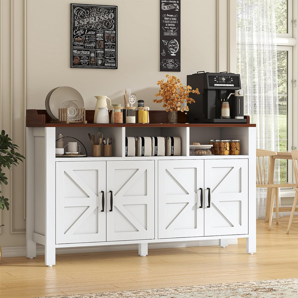 VVFLU Buffet Cabinet with Storage Farmhouse with 4 Doors and 3 Open Compartments, 55'' Large Kitchen Storage Cabinet White Wood Coffee Bar Buffet Sideboard for Kitchen, Dining Room, Living Room