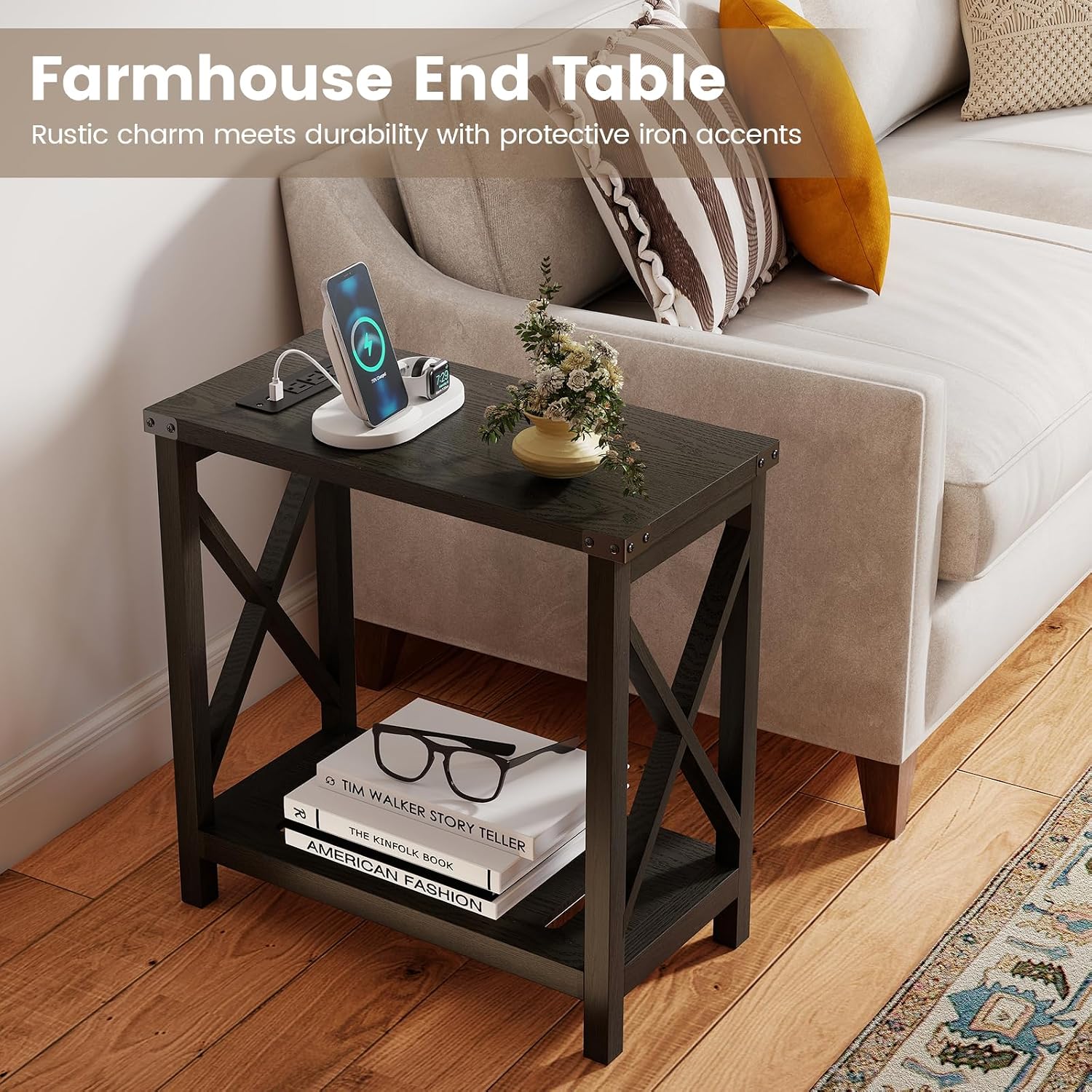 Hadulcet Farmhouse End Tables Living Room Set of 2 - Narrow Side Table with Charging Station, Slim Nightstand for Small Space, Skinny Bedside Table, Sofa Side Table with Storage Shelf, Black