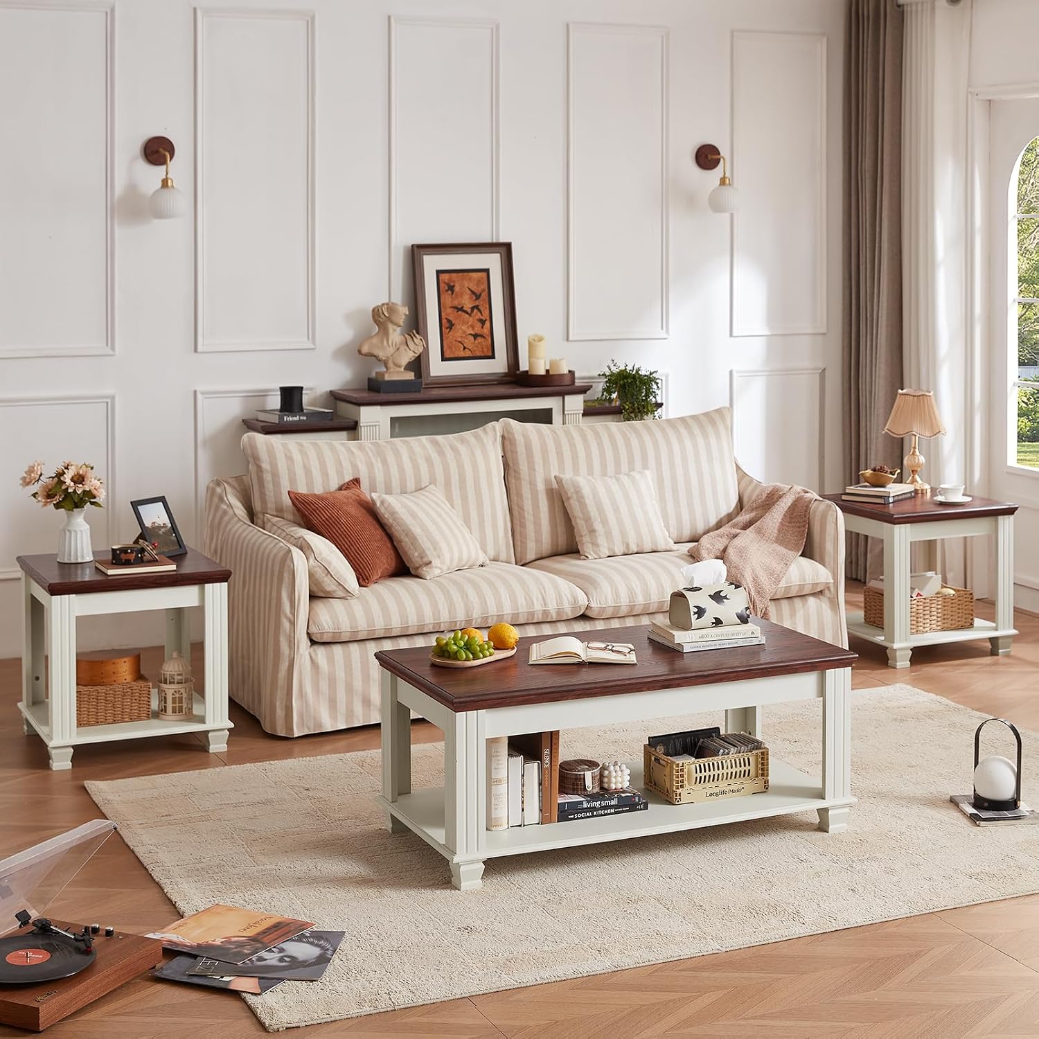 SAVOR LIFE Farmhouse Coffee Tables for Living Room,Square Tea Table with Open Storage Shelf,Large Coffee Table,Rustic Wooden Center Table,White