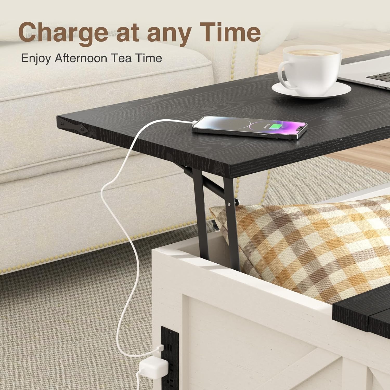FiveWillowise Coffee Table with Storage, Farmhouse Lift Top Wood Square Center Table with Charging Station, Rustic Cocktail Tables with Flip Top Lids for Living Room, Home Office, 35.4' W, White