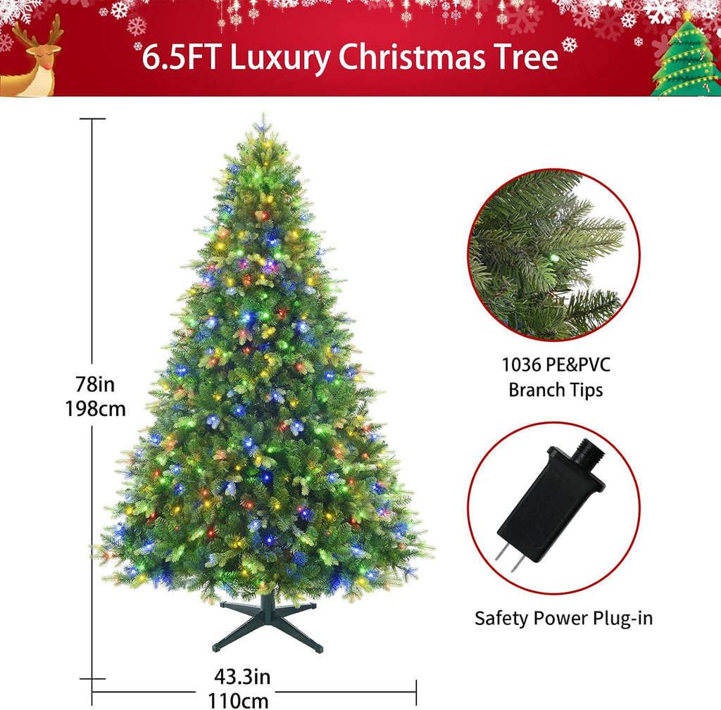 Pre-Lit Rotating Christmas Tree, 6.5FT Artificial for Home Decor | With Music,340 Warm White & Multi-color LED Lights,1036 PE+PVC Tip,Remote Control,Rotating Stand,8 Modes,Timed Design