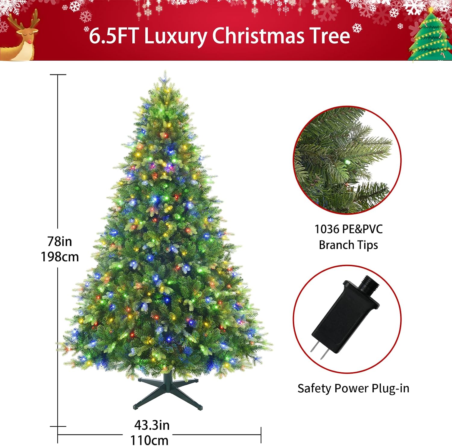 Pre-Lit Rotating Christmas Tree, 6.5FT Artificial for Home Decor | With Music,340 Warm White & Multi-color LED Lights,1036 PE+PVC Tip,Remote Control,Rotating Stand,8 Modes,Timed Design
