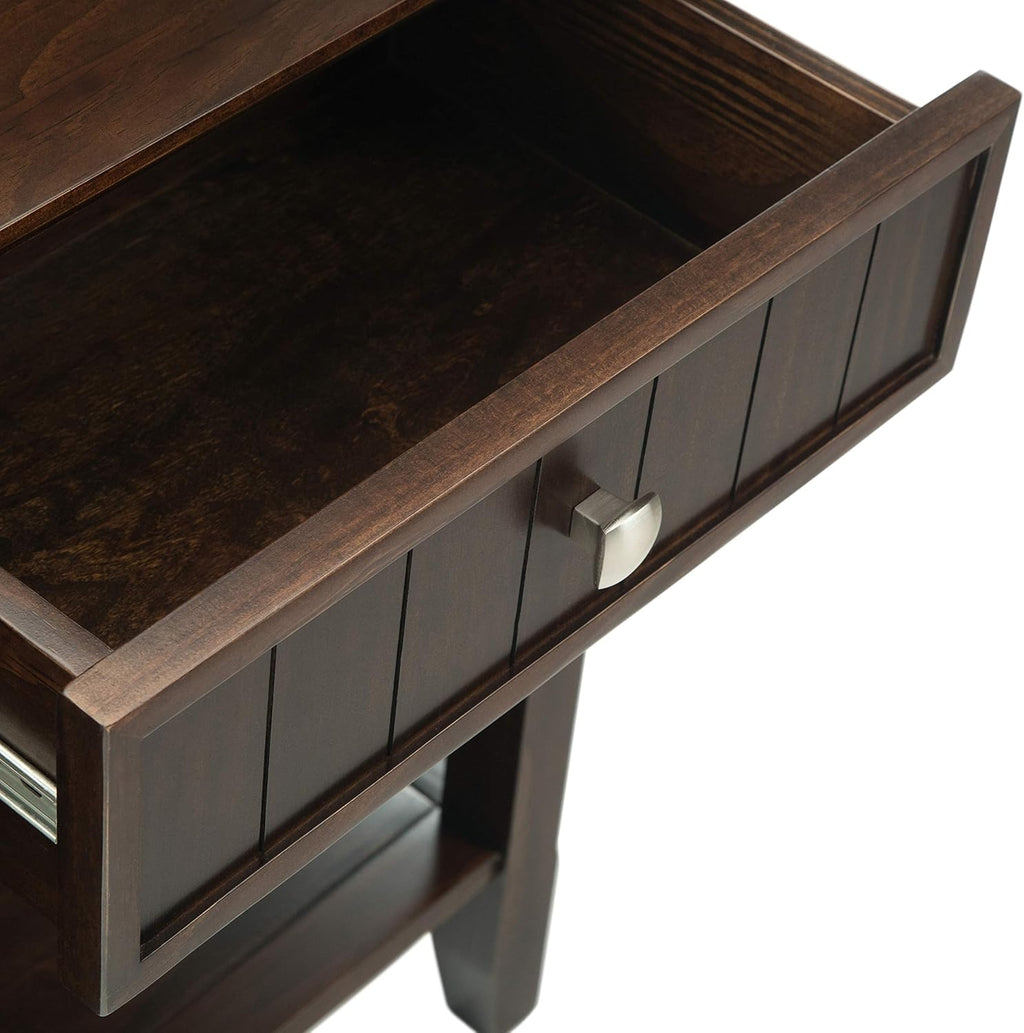 SIMPLIHOME Acadian Console Table - 60 Inch Wide Solid Wood Sofa Table in Brunette Brown, Transitional Storage Table for Entryway or Living Room with 3 Drawers and Open Bottom Shelf