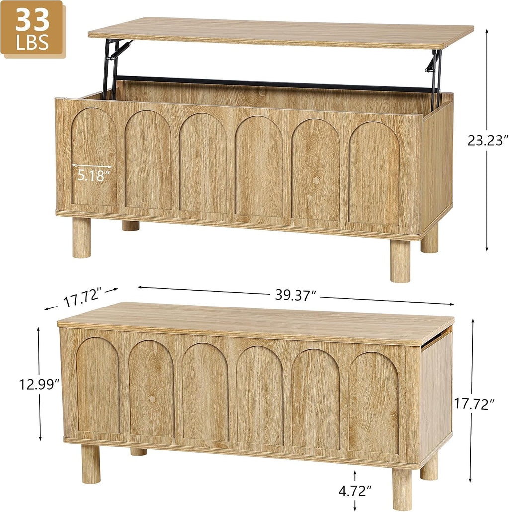 Lift Top Coffee Table with Arched Finish, Modern Coffee Table with Lifting Tabletop & Hidden Storage, Wood Center Table for Living Room,Convenient for Dining, Gaming or Working (Natural)