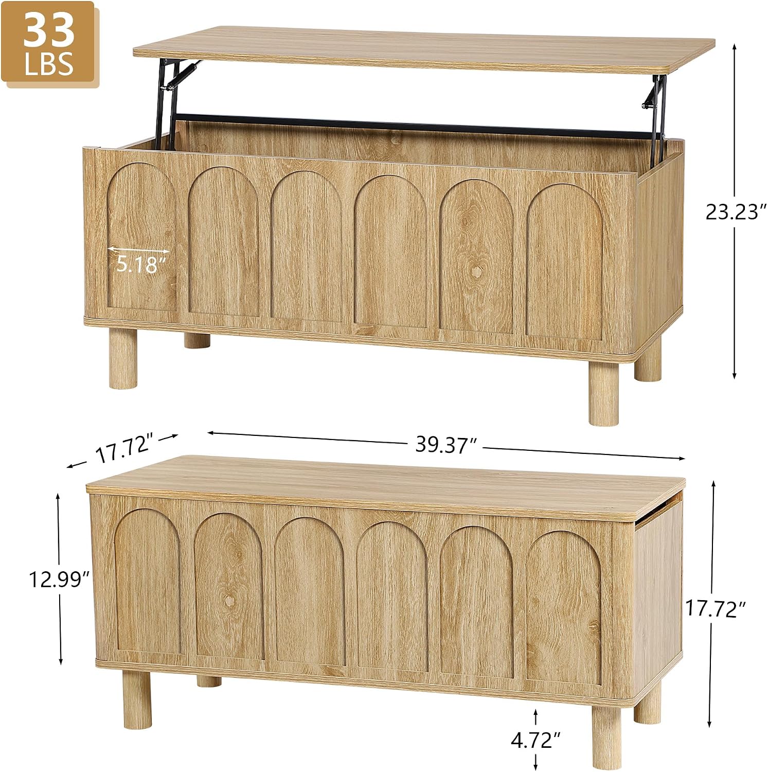 Lift Top Coffee Table with Arched Finish, Modern Coffee Table with Lifting Tabletop & Hidden Storage, Wood Center Table for Living Room,Convenient for Dining, Gaming or Working (Natural)