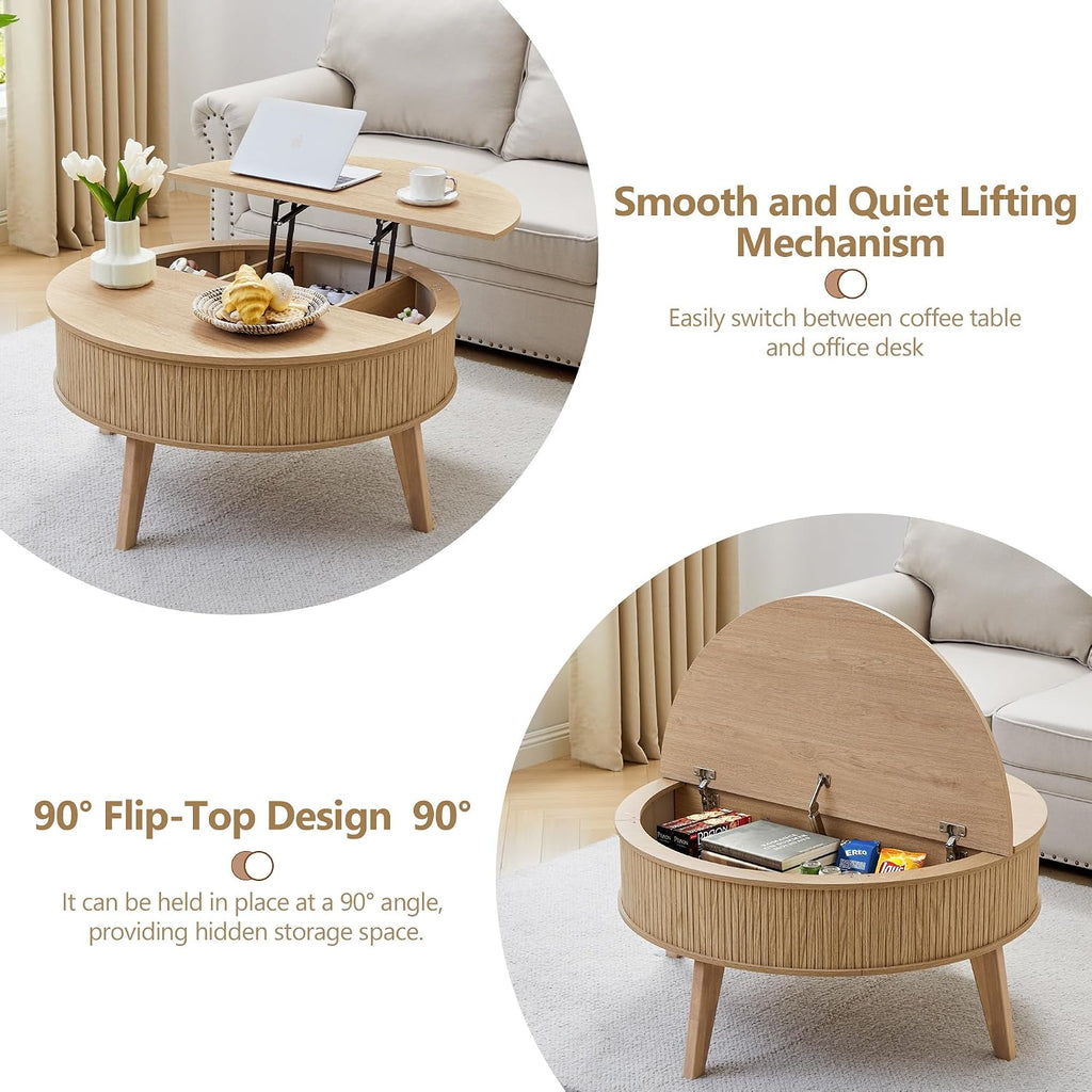 Round Lift Top Coffee Table with Storage, 35.4'' Fluted Wood Center Table Mid Century Modern Coffee Table with Lifting Top for Living Room, Office, Small Space (Natural)