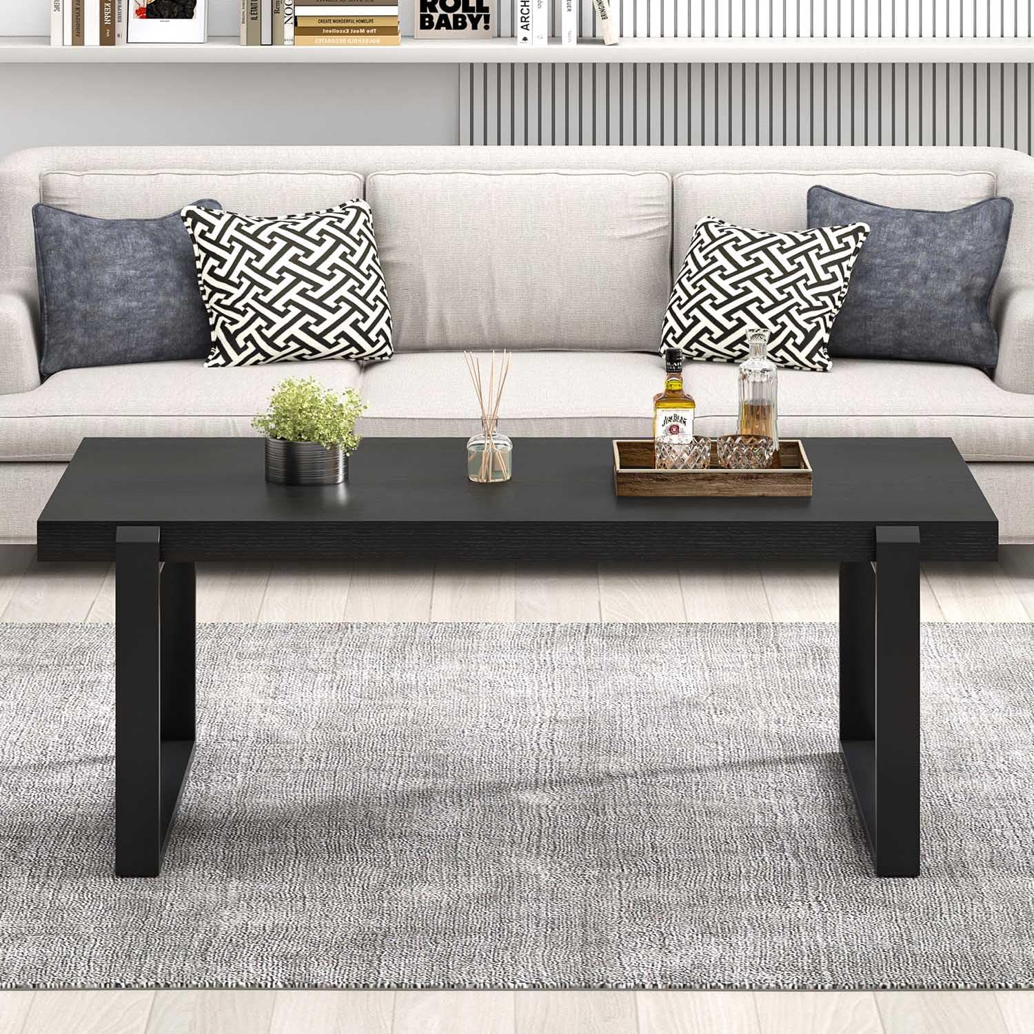 FOLUBAN Black Coffee Table, Modern Industrial Wood and Metal Center Table, Rectangle Cocktail Tea Table for Living Room, 47 Inch