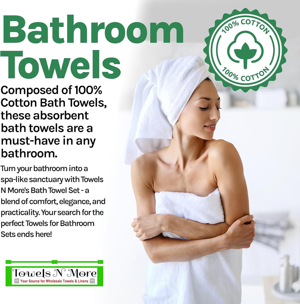 Towels N More 24x48 White Bath Towels - 60 Pack Premium Cotton, Lightweight Soft for Adults, Absorbent Set Ideal for Bathroom, Home, Spa, Hotels/Motels, & Gym Use