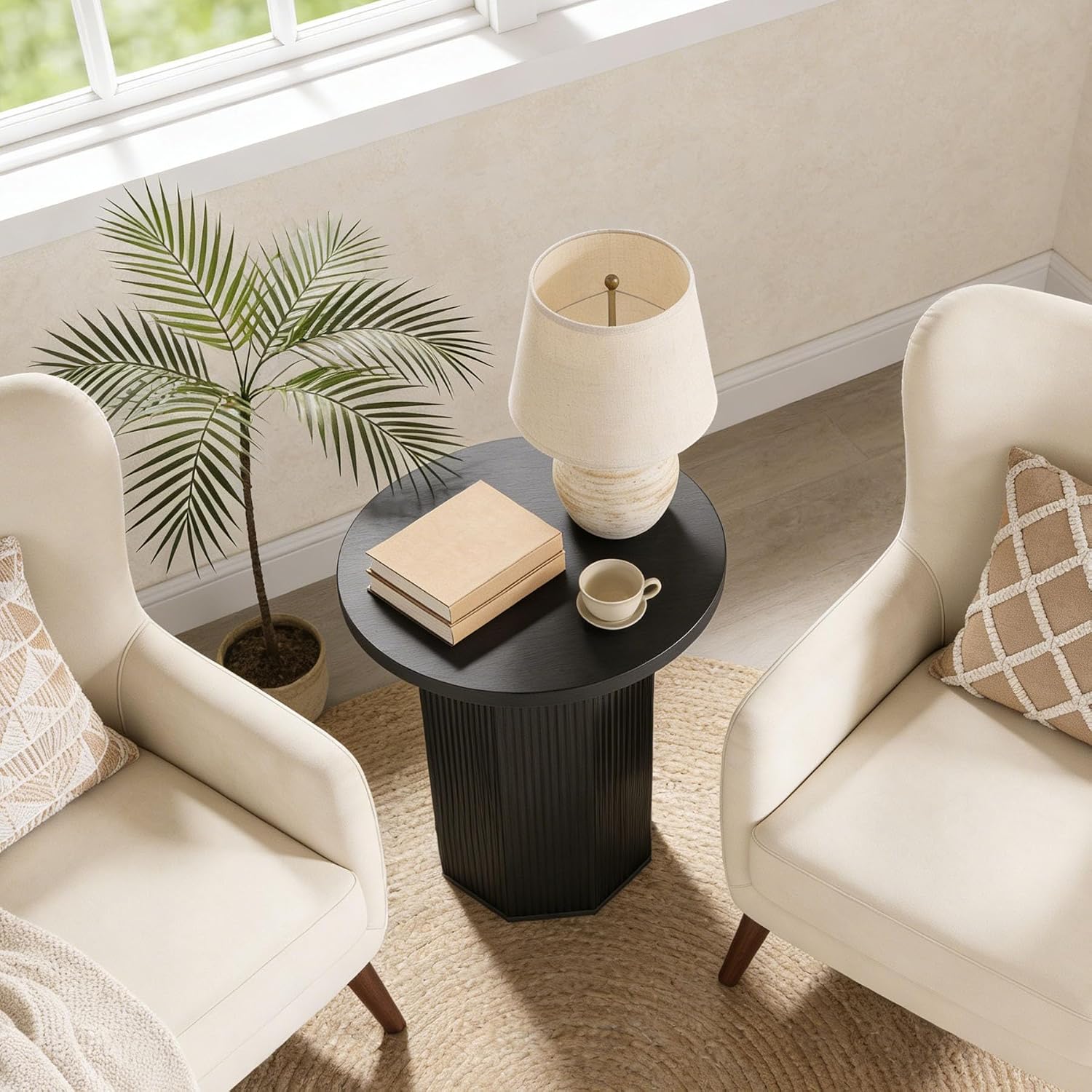 Tribesigns 2pcs Round Pedestal End Table, Farmhouse Side Table with Fluted Base, Wooden Accent Tables for Small Space, Couch, Living Room (2, Black)