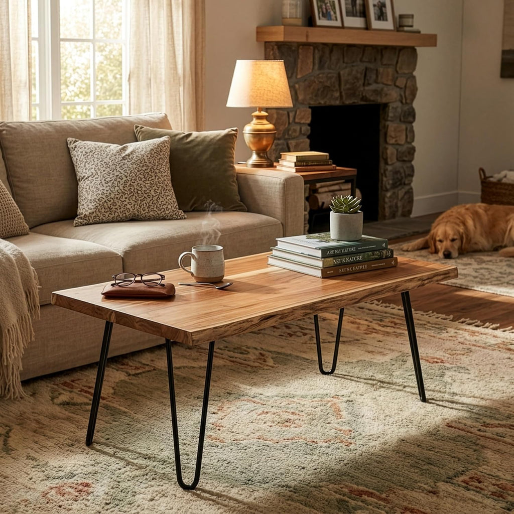 Alaterre Furniture Live Edge Wood Coffee Table with Hairpin Metal Legs – Rustic Modern Farmhouse Living Room Table with Acacia Wood Top (48 Inch)