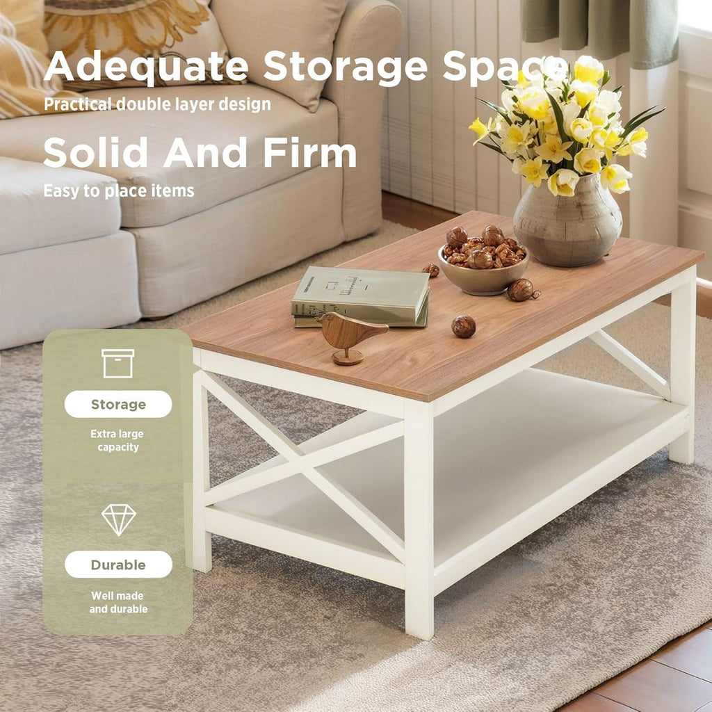 Sophia & William Farmhouse Coffee Table with Storage Shelf for Living Room, Ivory
