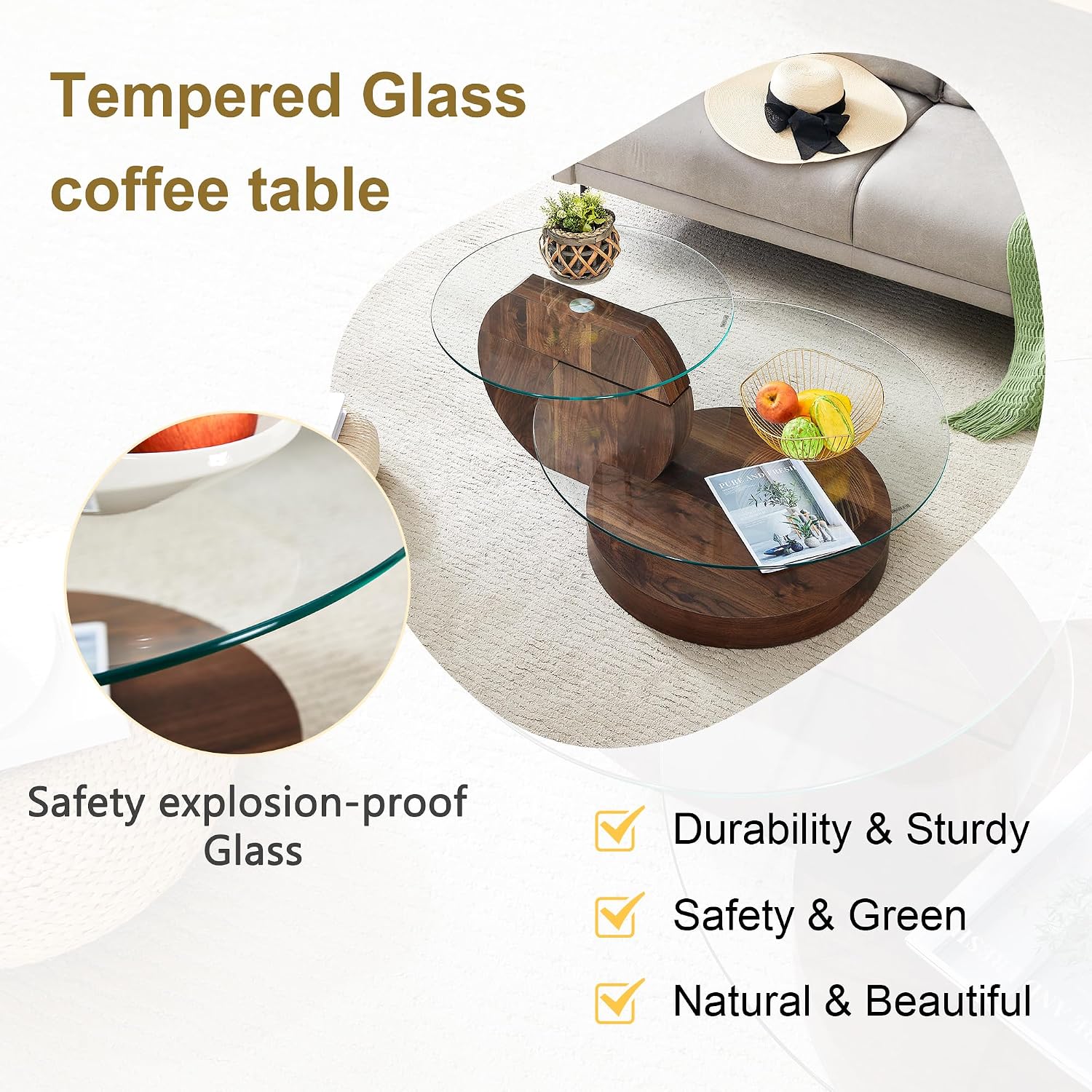 Round Glass Coffee Table, Modern Tempered Glass Coffee Tables for Living Room, 3-Tier Circle Walnut Coffee Table with Storage Clear Cocktail Table for Small Space Home Office